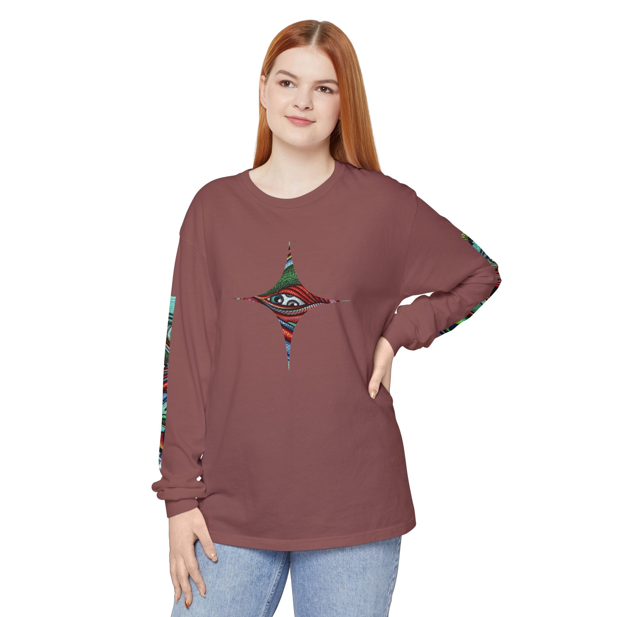 Psychedelic Starburst Long Sleeve Tee — Colorful Eye & Sleeve Stripe Design #k976344