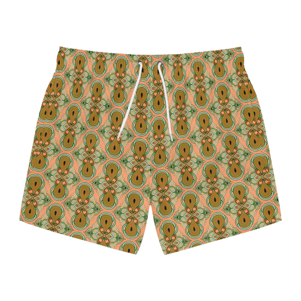Retro Floral Pattern Swim Trunks – Green & Orange All-Over Print #d236432