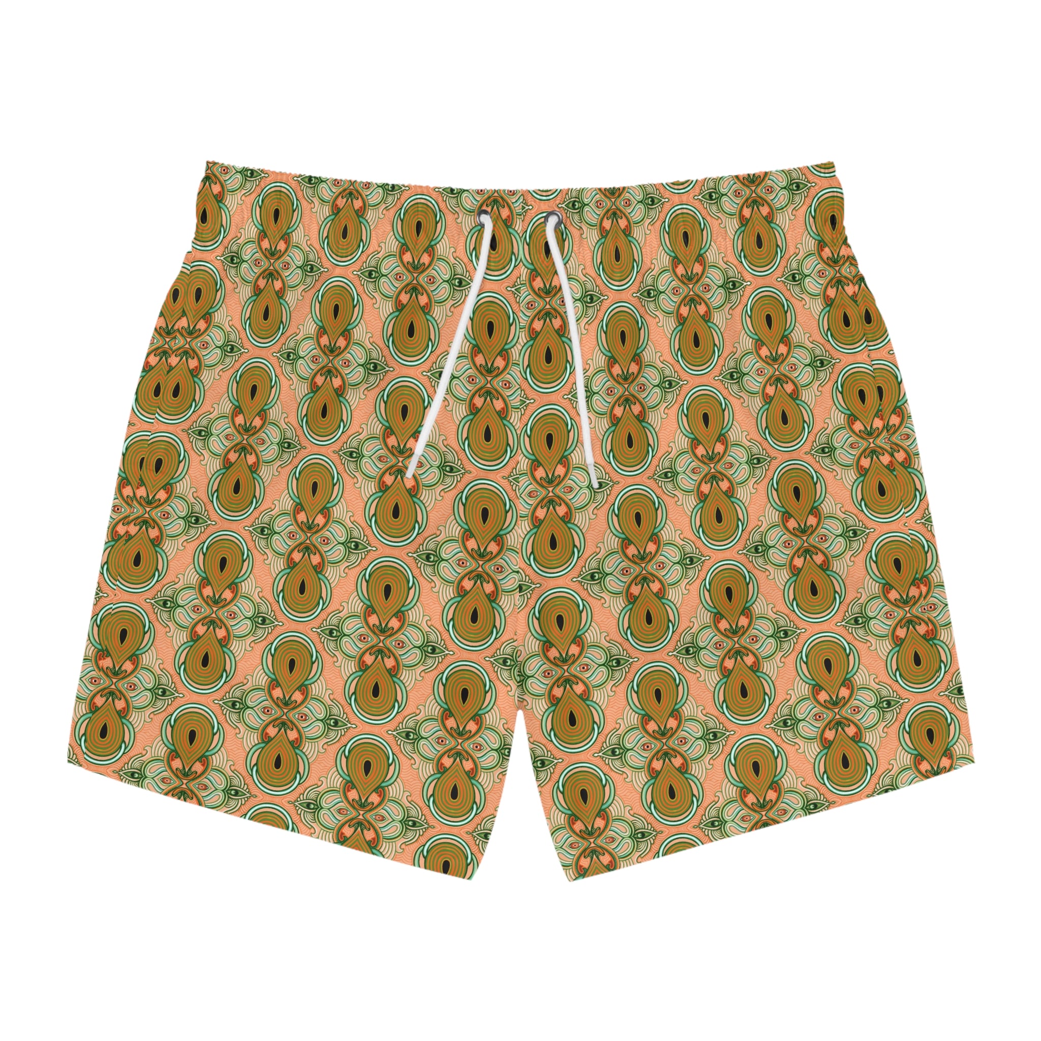 Retro Floral Pattern Swim Trunks – Green & Orange All-Over Print #d236432
