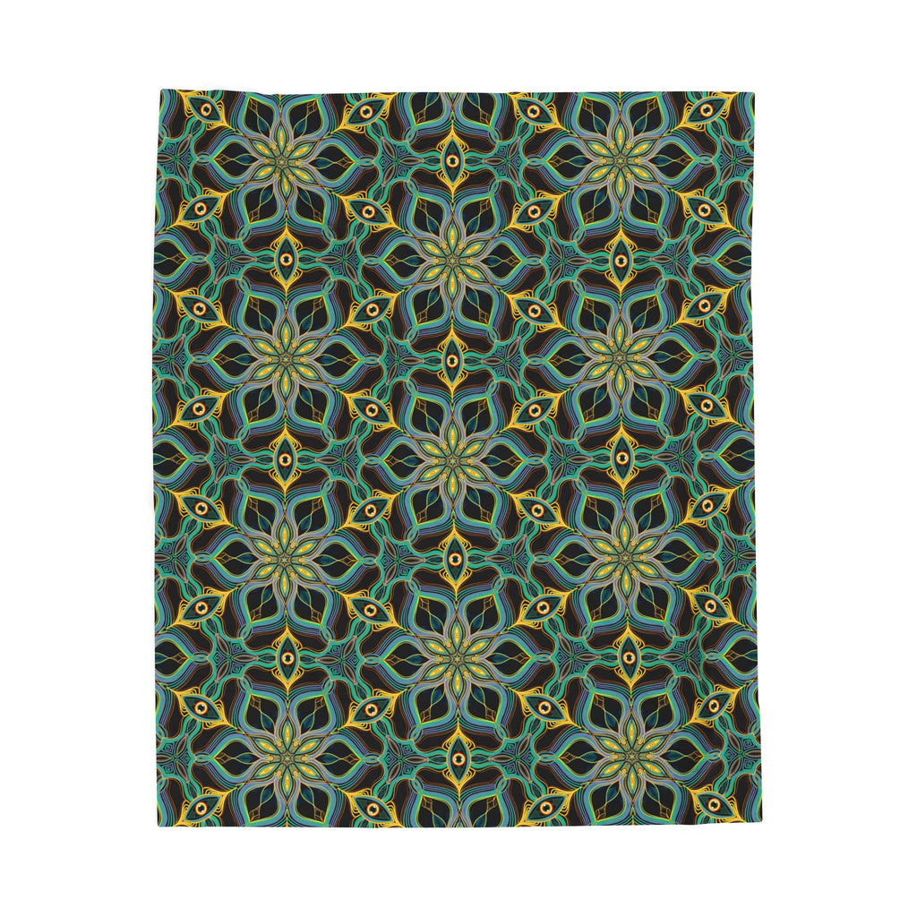 Velveteen Plush Blanket - Teal & Gold Geometric Mandala Throw #h73