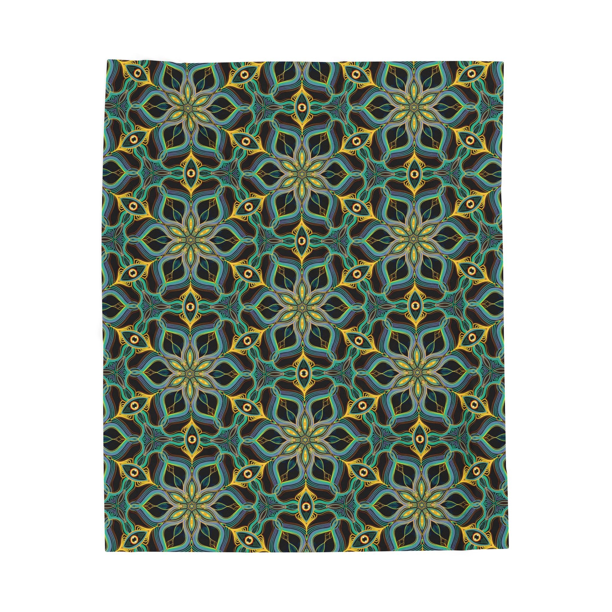Velveteen Plush Blanket - Teal & Gold Geometric Mandala Throw #h73