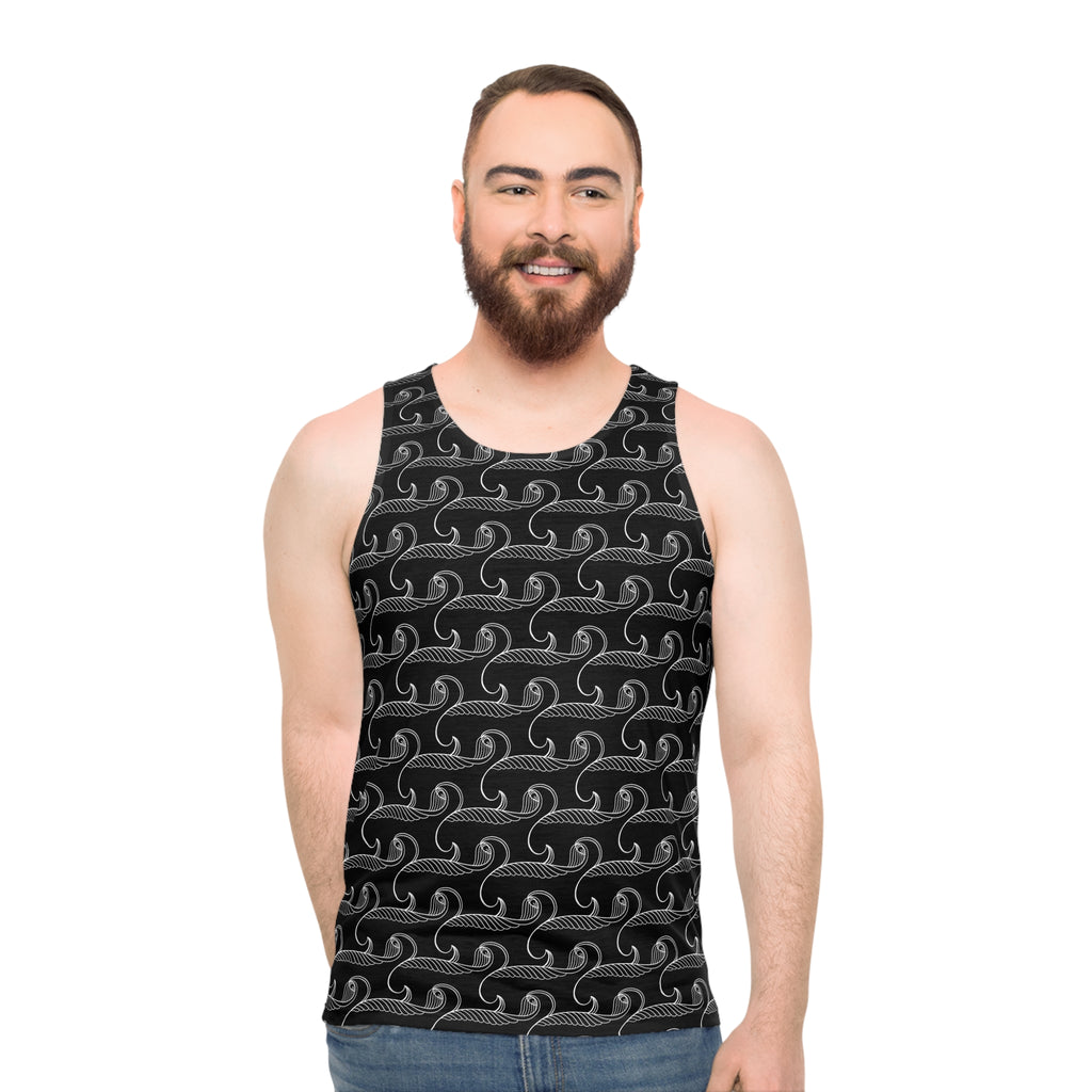 Ocean Wave Pattern Tank Top — Black Nautical All-Over Print #y43278