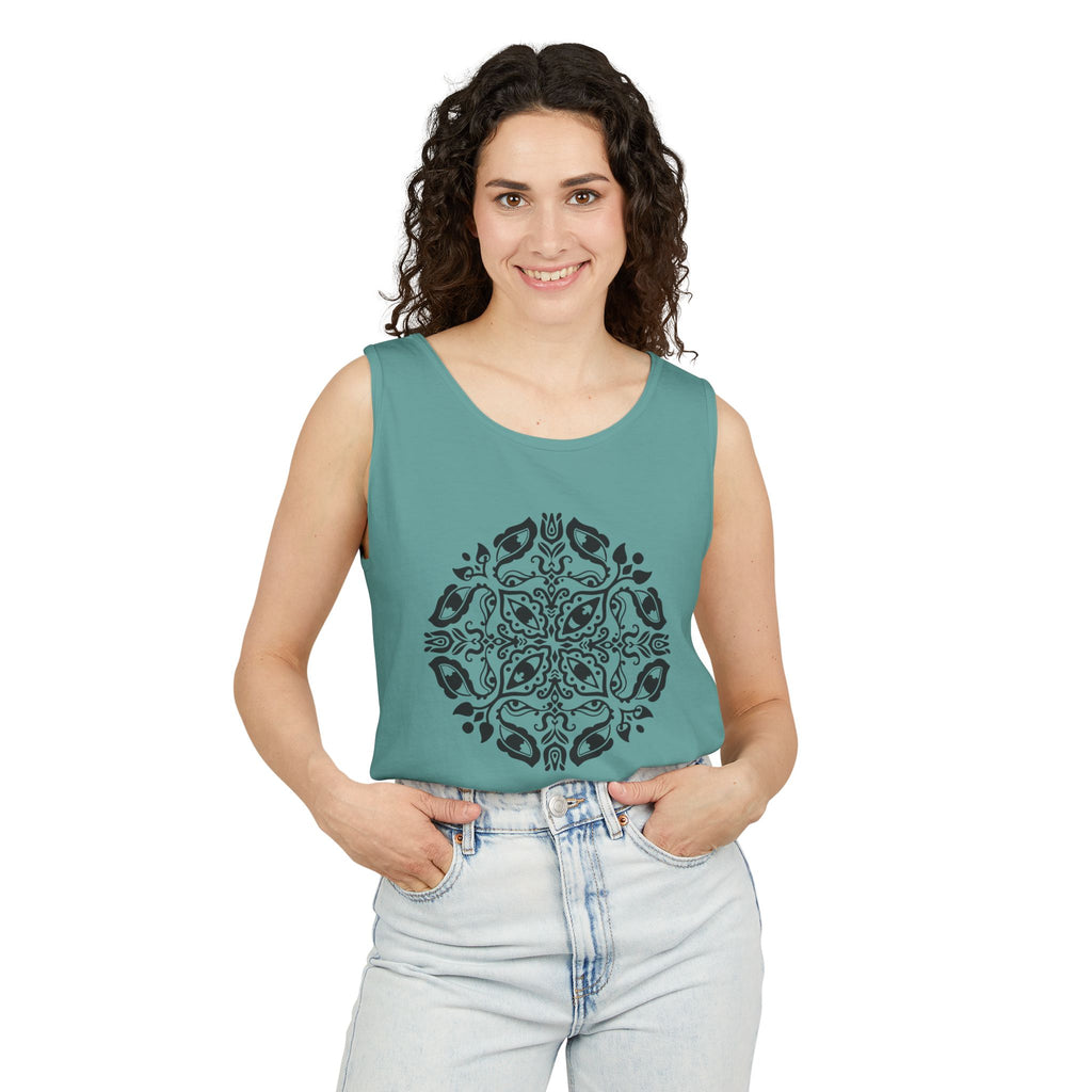 Boho Mandala Tank Top — Black Floral Circular Graphic Tank #fr3