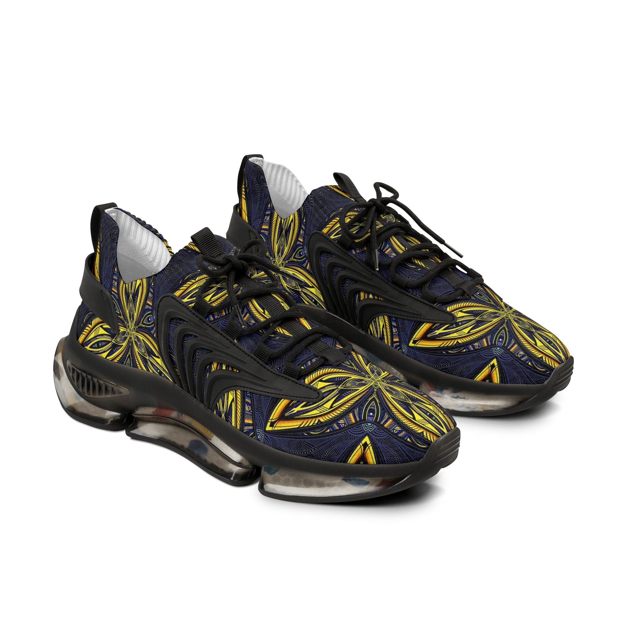 Men's Mesh Sneakers — Bold Yellow Floral Pattern Athletic Shoes #vj78794