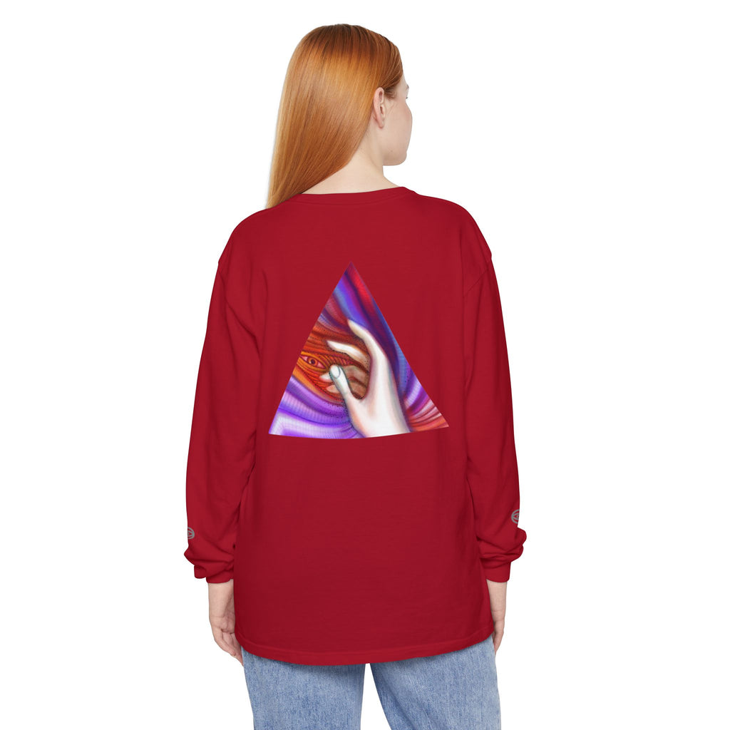 Long Sleeve T-Shirt — Triangular Hand Art Graphic (White) #sh26774