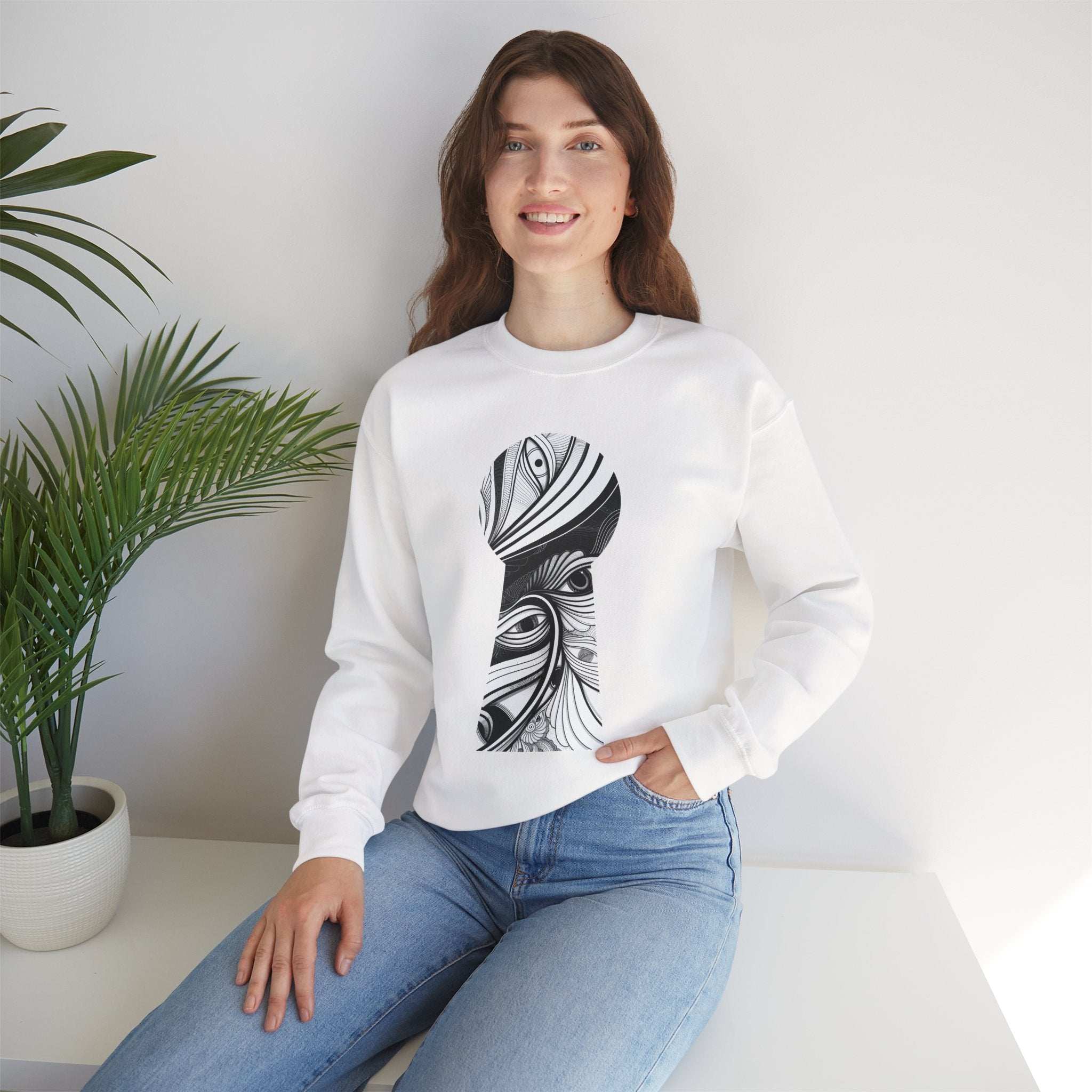Crewneck Sweatshirt — Black & White Surreal Eye Keyhole Design #h5522168