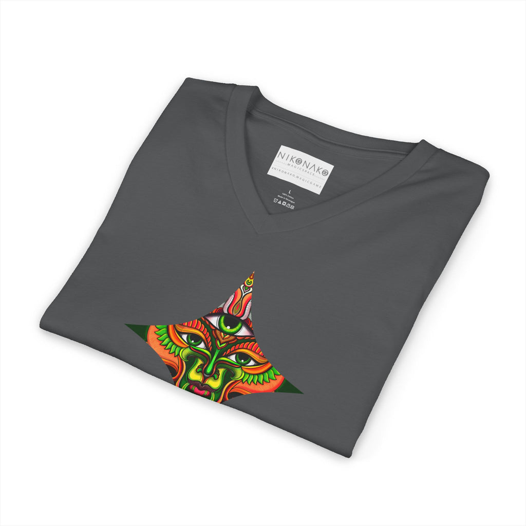 Tribal Mask Diamond Tee — Vibrant Ethnic Face Graphic V‑Neck T‑Shirt #hg 08656