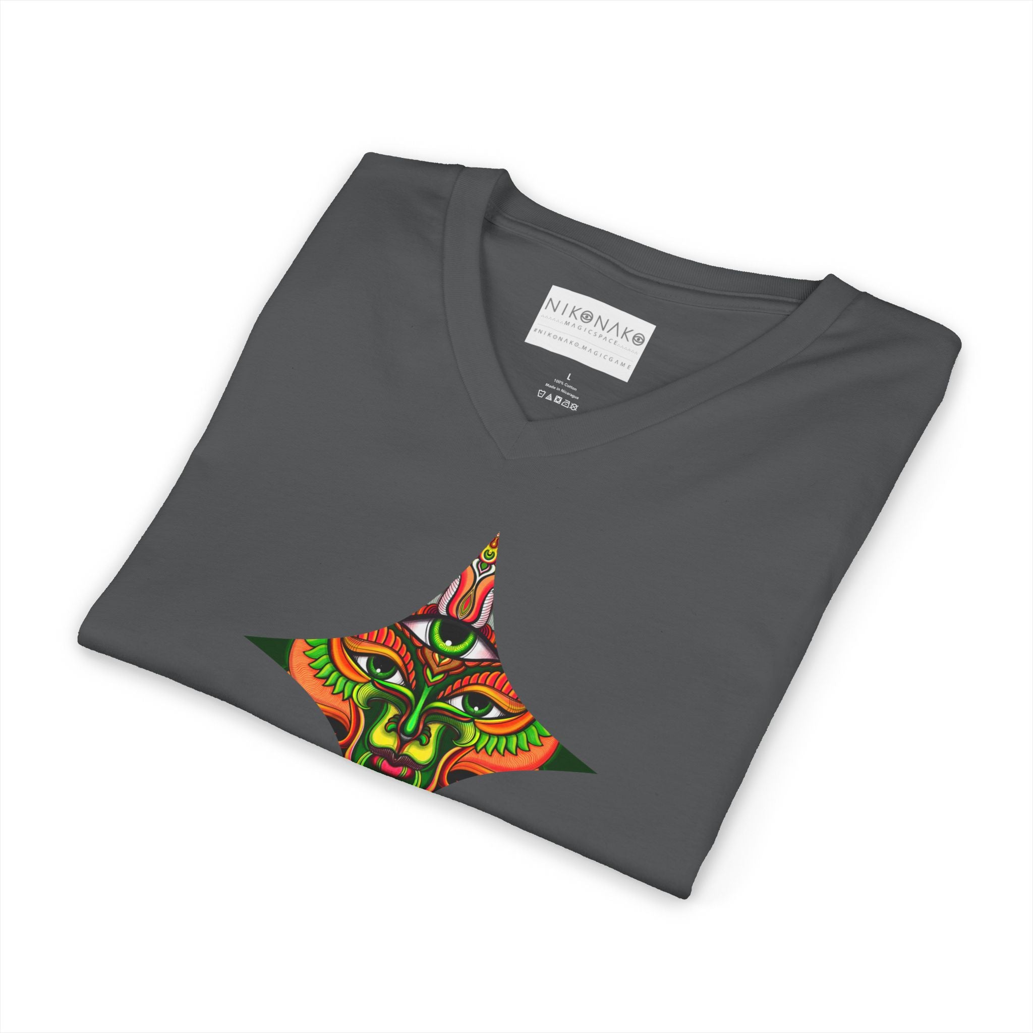 Tribal Mask Diamond Tee — Vibrant Ethnic Face Graphic V‑Neck T‑Shirt #hg 08656