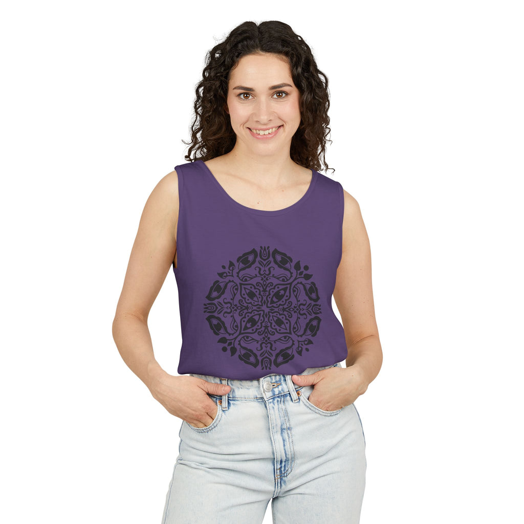 Boho Mandala Tank Top — Black Floral Circular Graphic Tank #fr3
