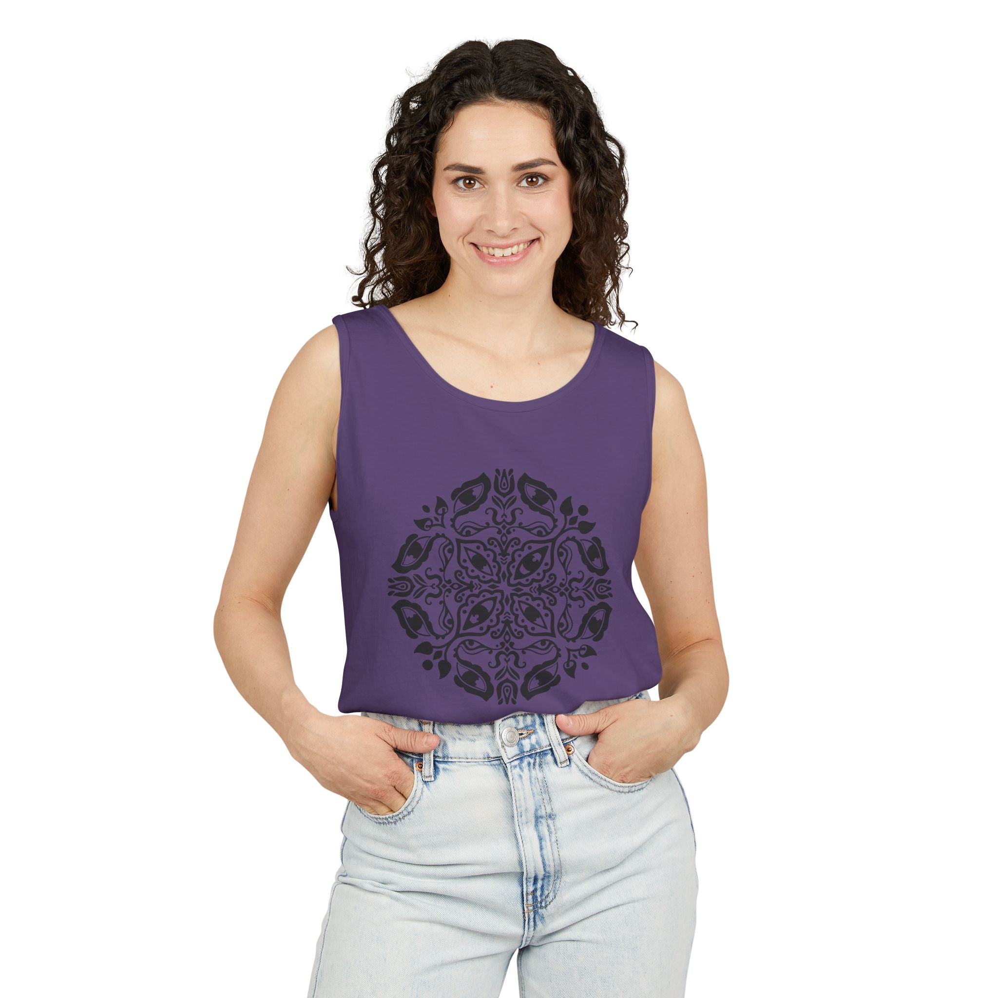 Boho Mandala Tank Top — Black Floral Circular Graphic Tank #fr3
