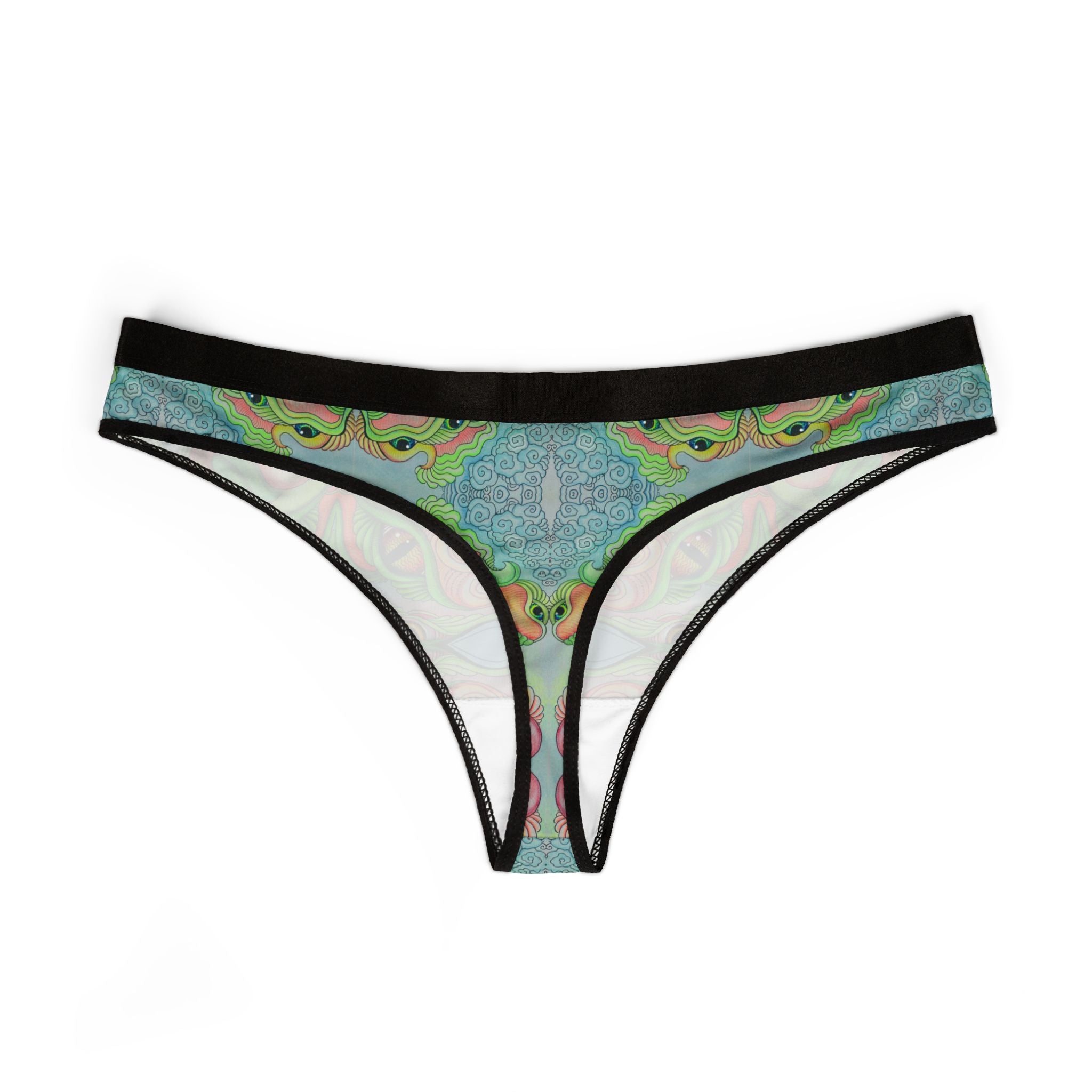 Green Psychedelic Pattern Thong — Women's Vibrant All-Over-Print Underwear #jg6632