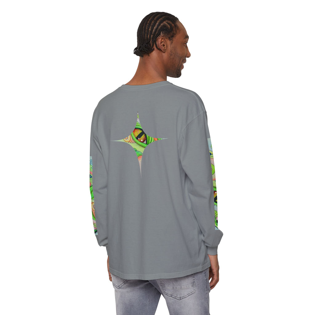 Psychedelic Green Triangle Long Sleeve Tee — Tribal Star Sleeve Artwork #gf086357