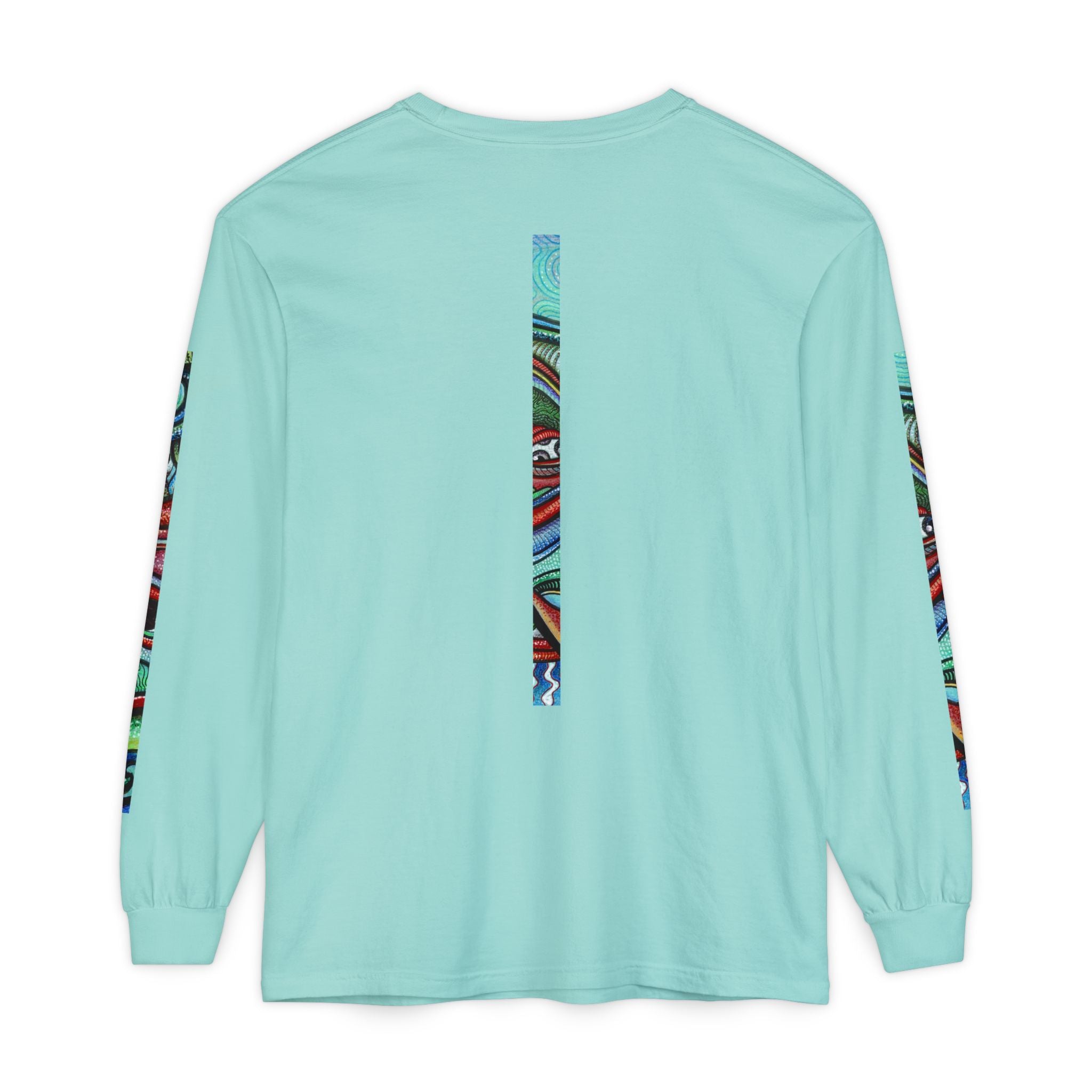 Psychedelic Starburst Long Sleeve Tee — Colorful Eye & Sleeve Stripe Design #k976344