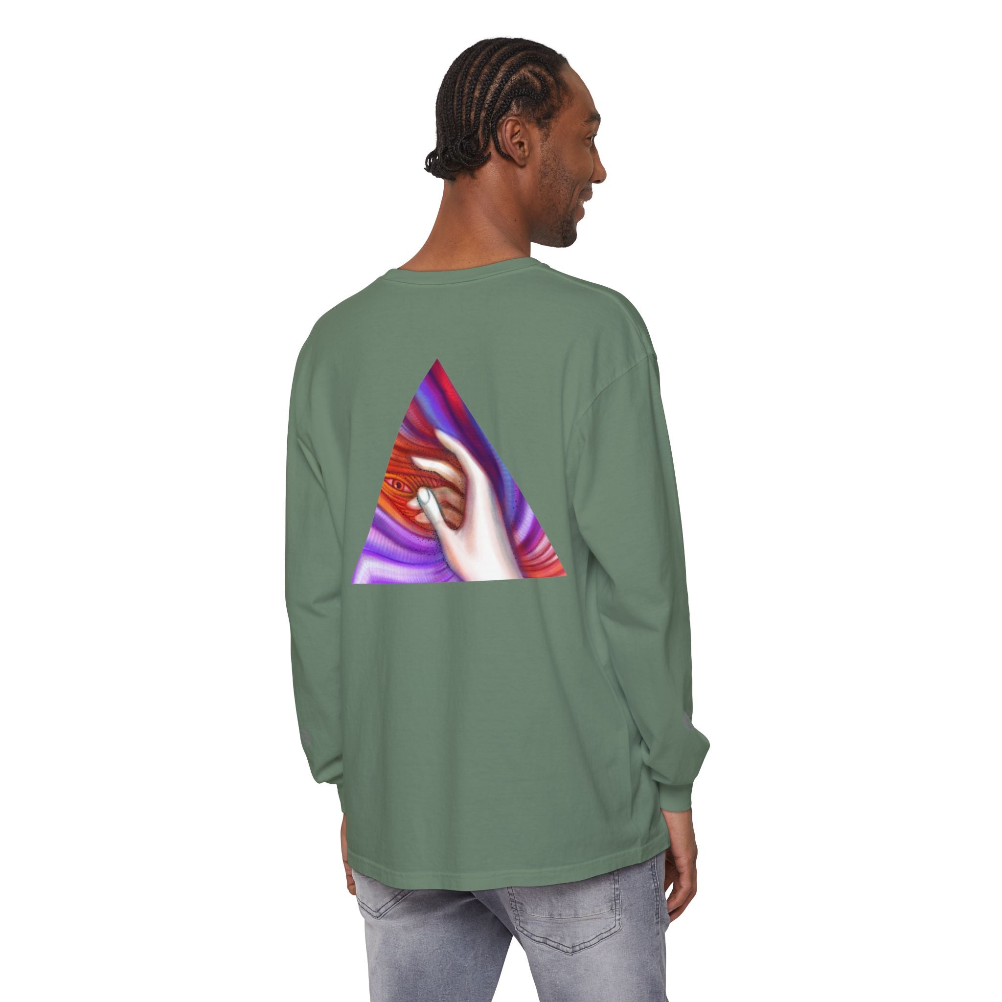 Long Sleeve T-Shirt — Triangular Hand Art Graphic (White) #sh26774