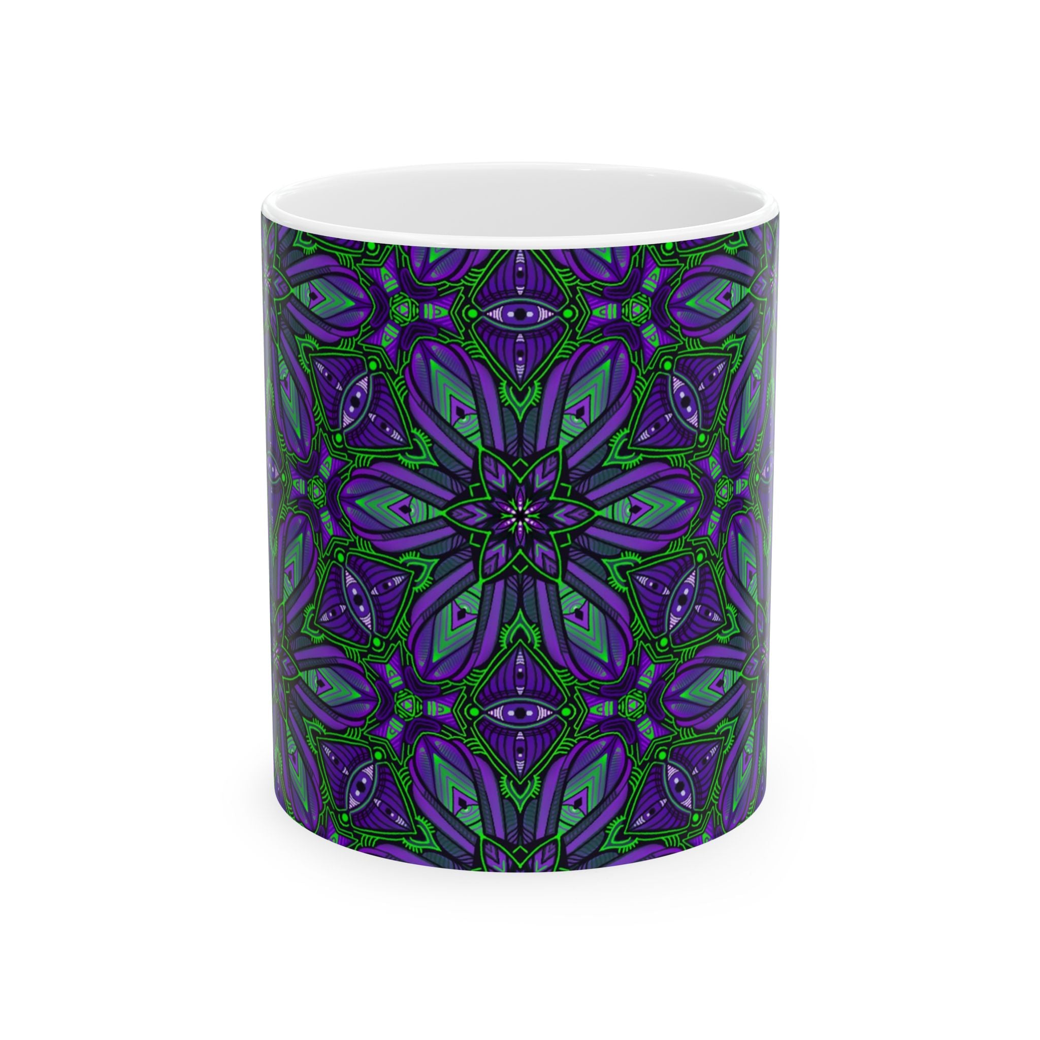 Kaleidoscope Floral Pattern Mug | Purple Green Geometric Ceramic Mug