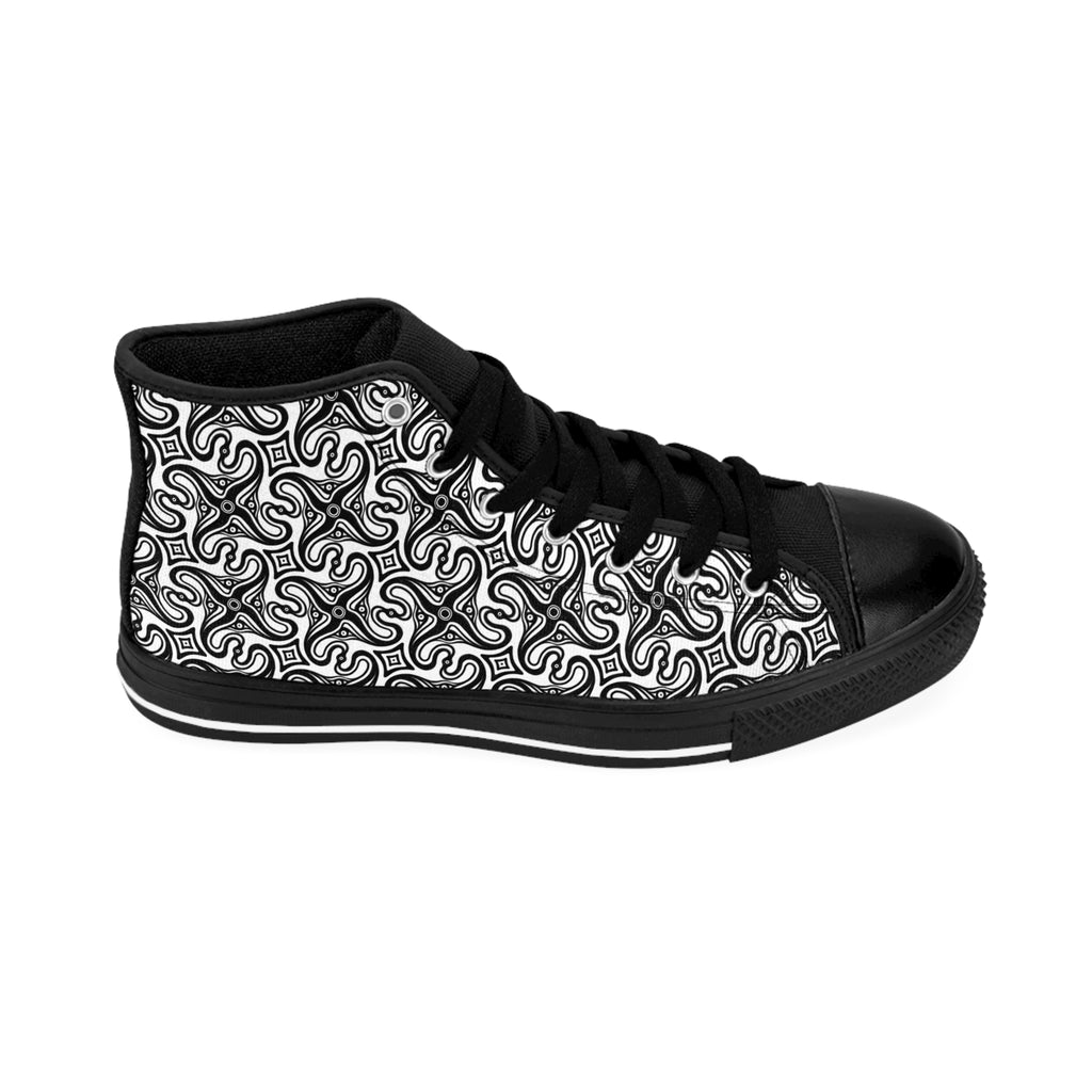 High-Top Sneakers — Black & White Geometric Swirl Pattern #g987678