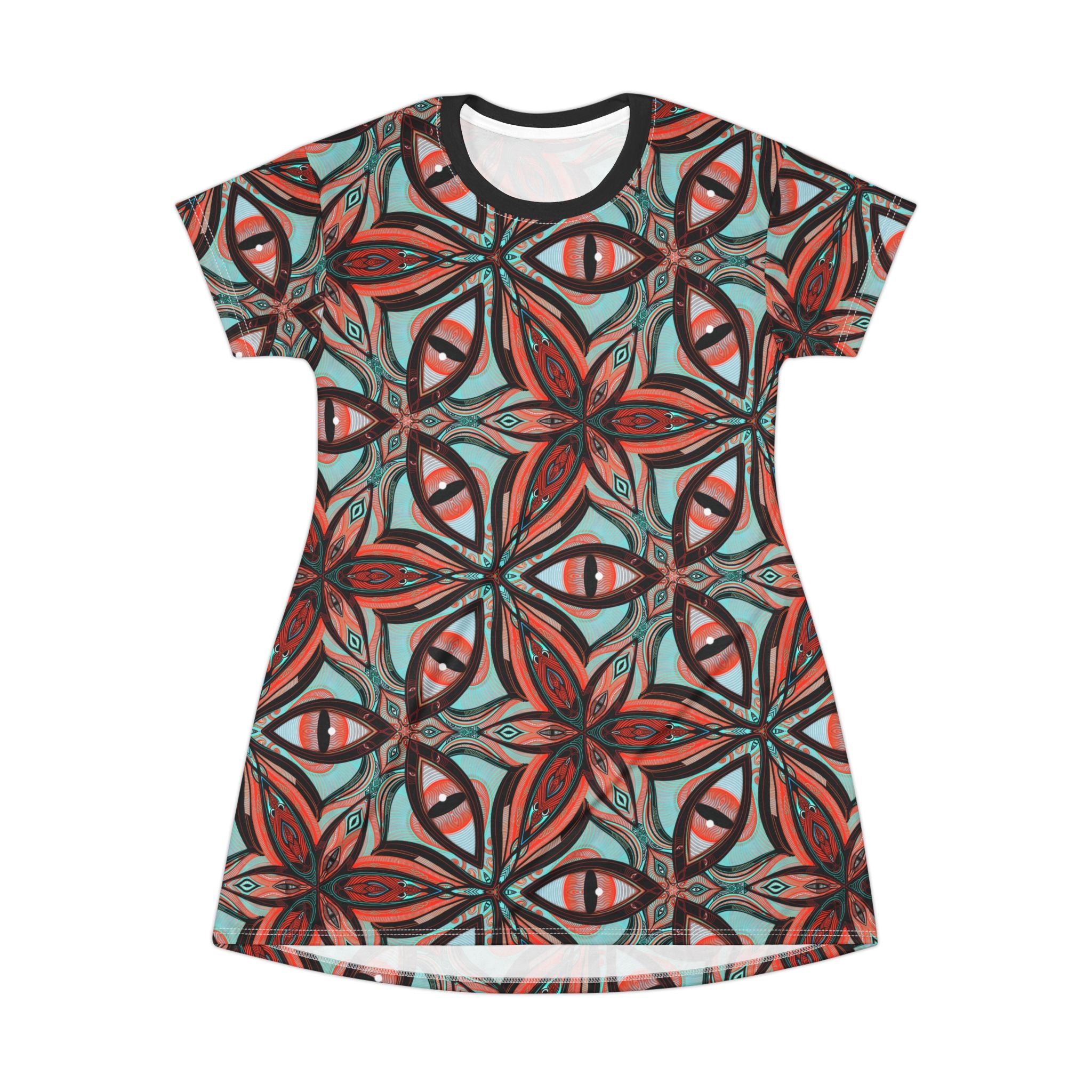 Bohemian Geo Floral T‑Shirt Dress — All‑Over Print Kaleidoscope Pattern #ji762