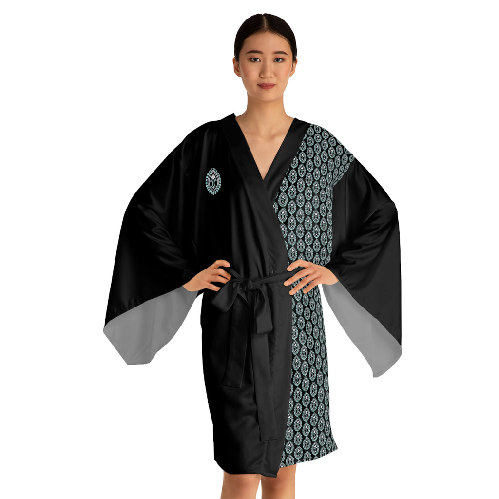 Silk-Feel Black Kimono Robe with Aqua Floral Waves Pattern #kr51