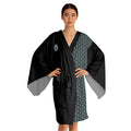 Silk-Feel Black Kimono Robe with Aqua Floral Waves Pattern #kr51