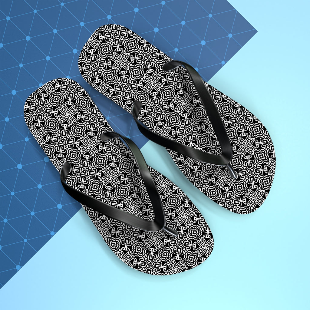 Monochrome Geometric Flip Flops — Black & White Aztec Pattern Beach Sandals #d98646