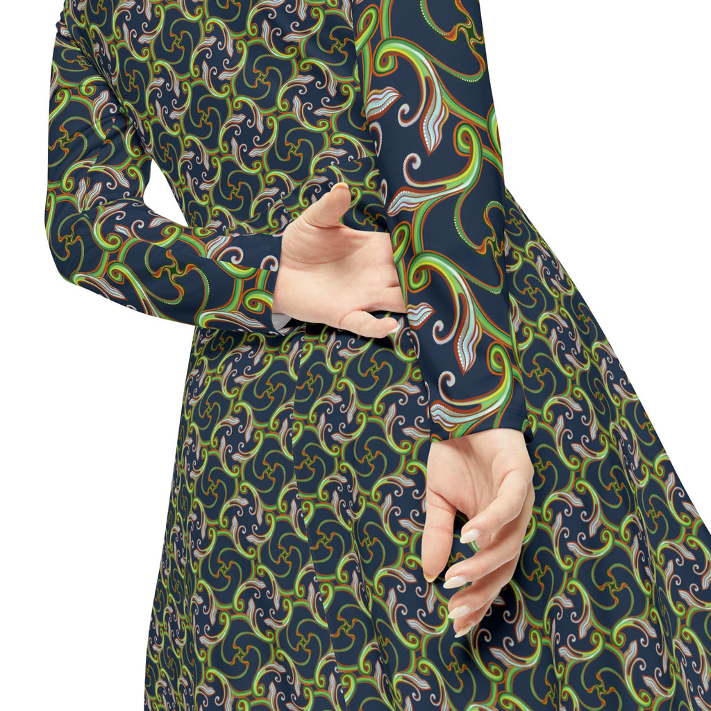 Long Sleeve Dance Dress — Green Celtic Knot All-Over Print #ld1