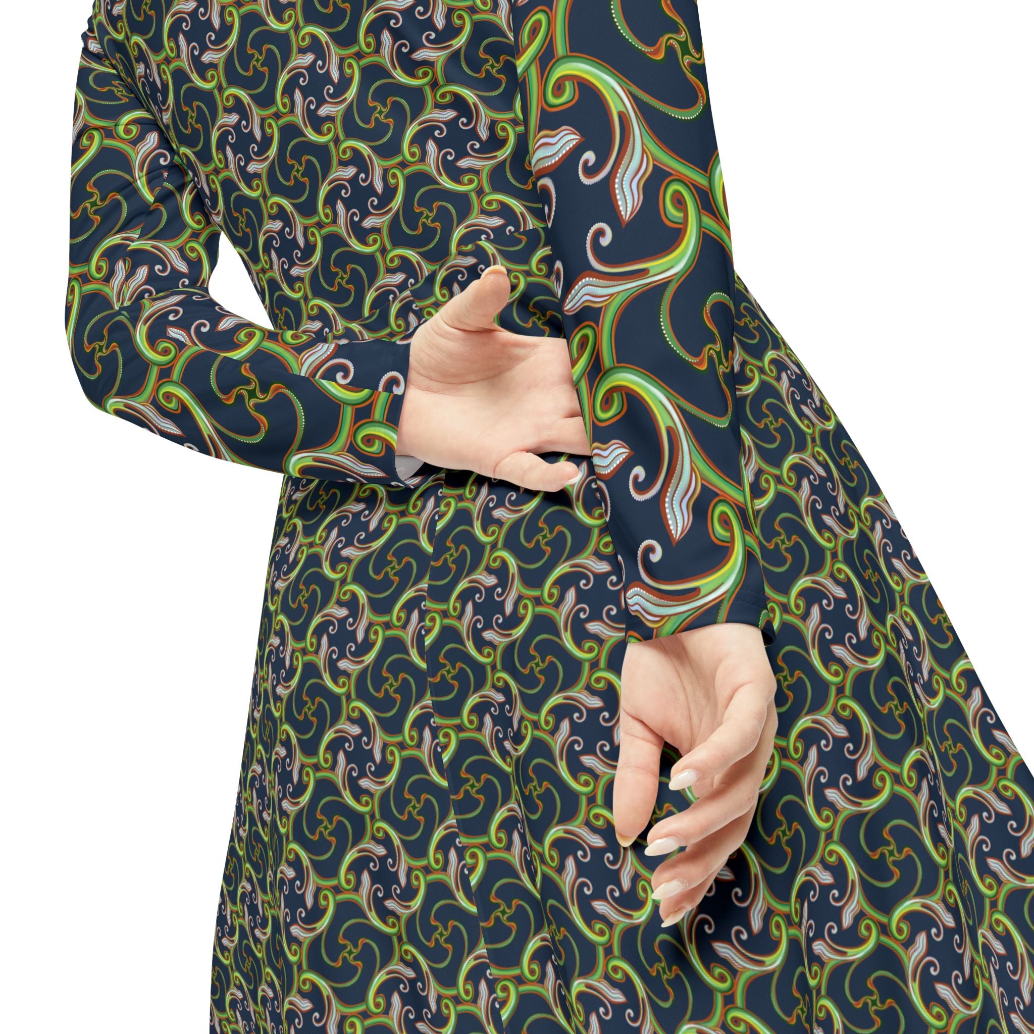 Long Sleeve Dance Dress — Green Celtic Knot All-Over Print #ld1