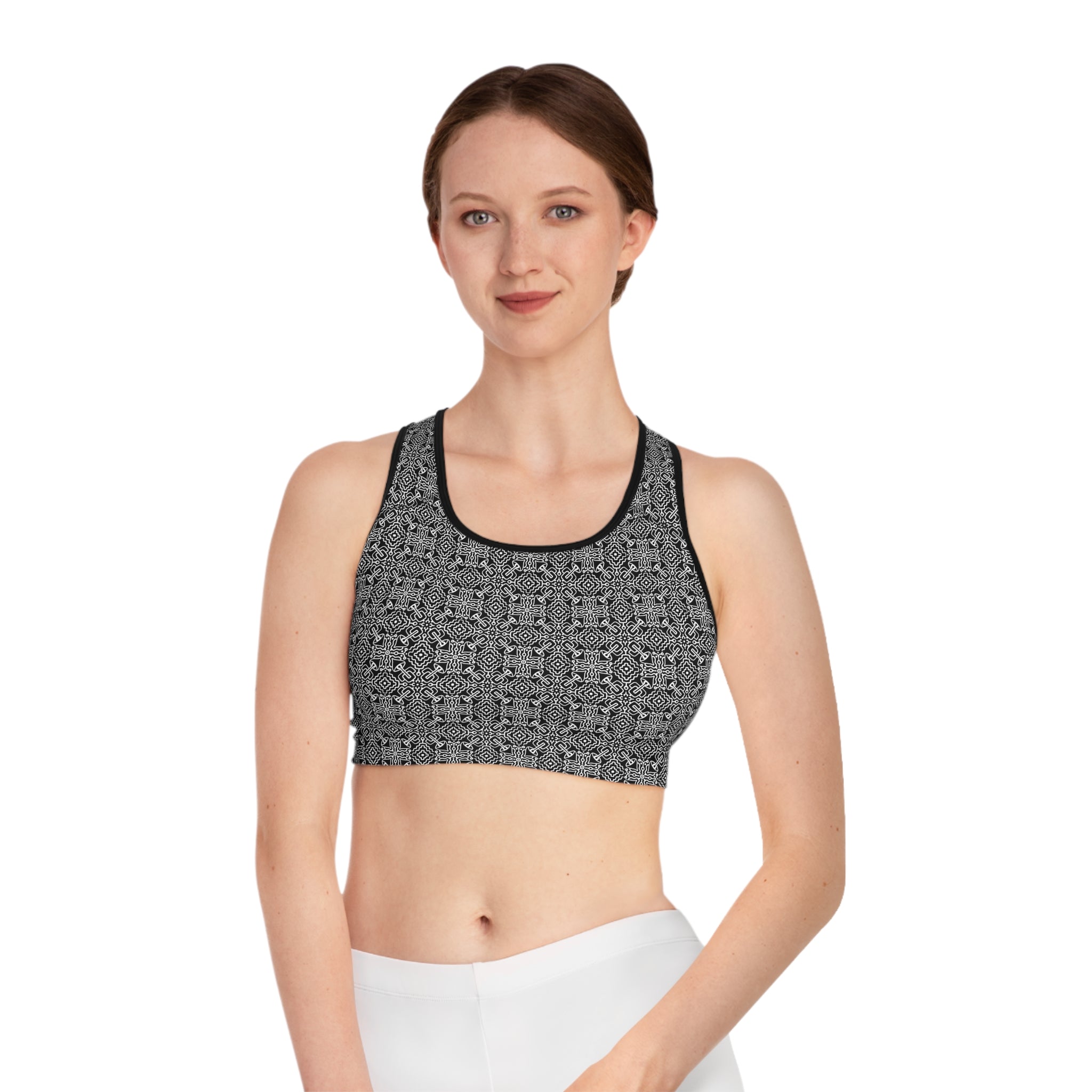 Black Geometric Pattern Sports Bra — All-Over Print Yoga Crop Top #gf9865