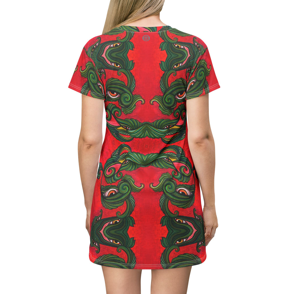 Green & Red Ornate Face Pattern T‑Shirt Dress — Abstract Baroque AOP #y4422288