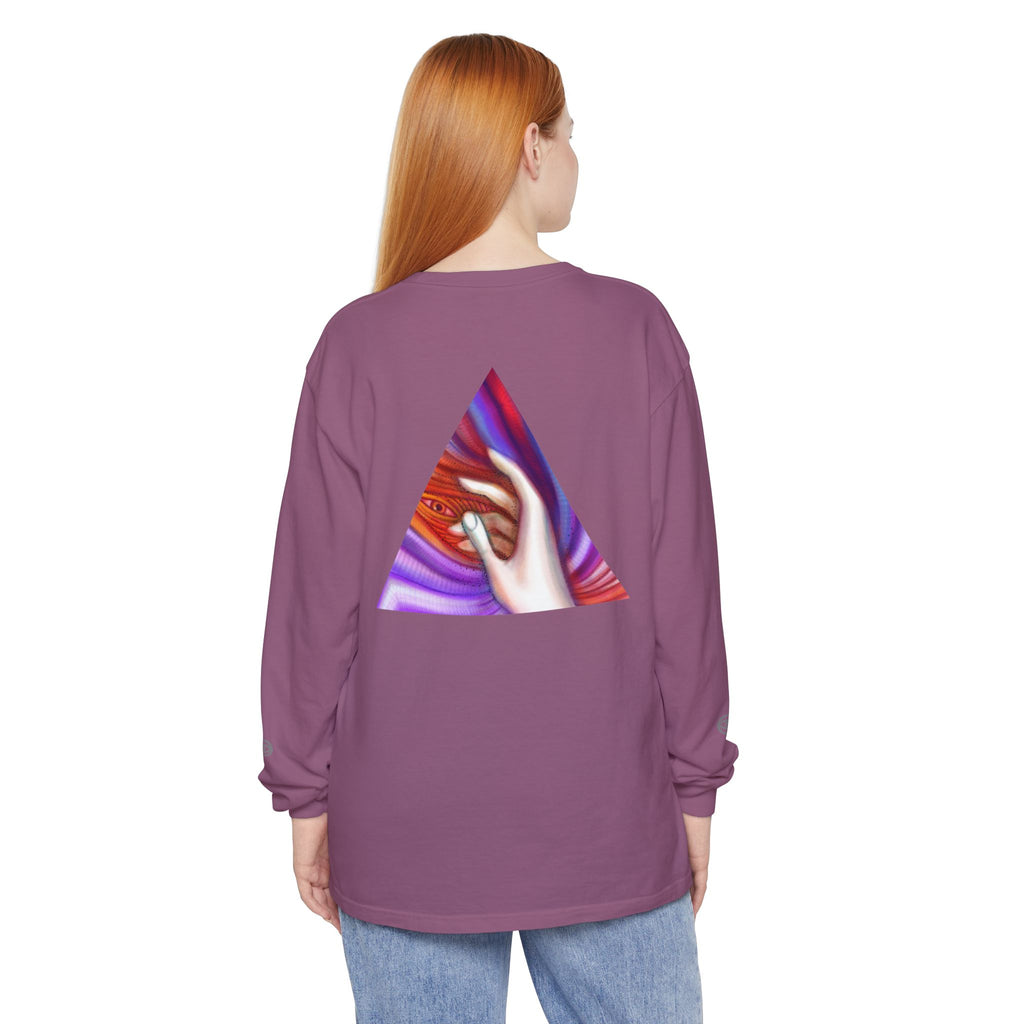 Long Sleeve T-Shirt — Triangular Hand Art Graphic (White) #sh26774