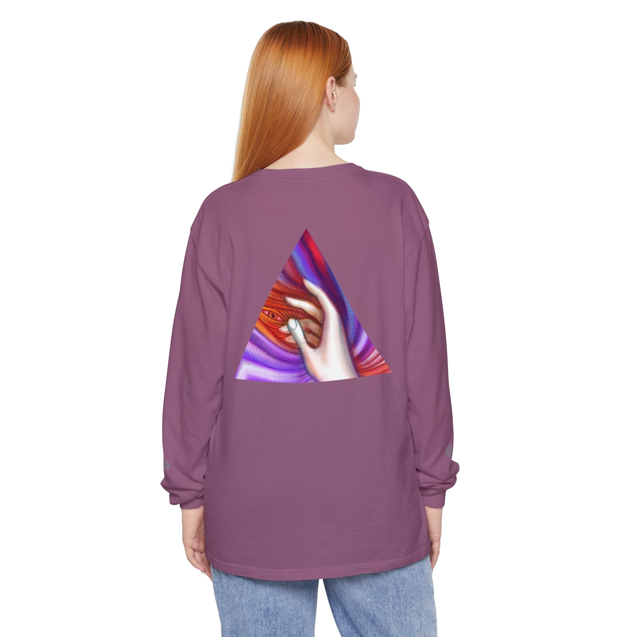 Long Sleeve T-Shirt — Triangular Hand Art Graphic (White) #sh26774