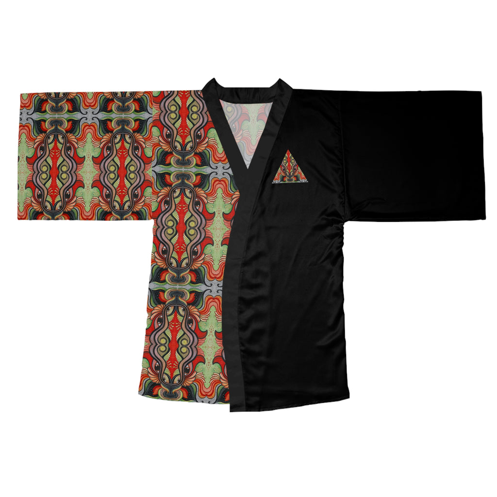 Kimono Robe – Bohemian Tribal Print Satin Wrap with Black Contrast #ut3336778