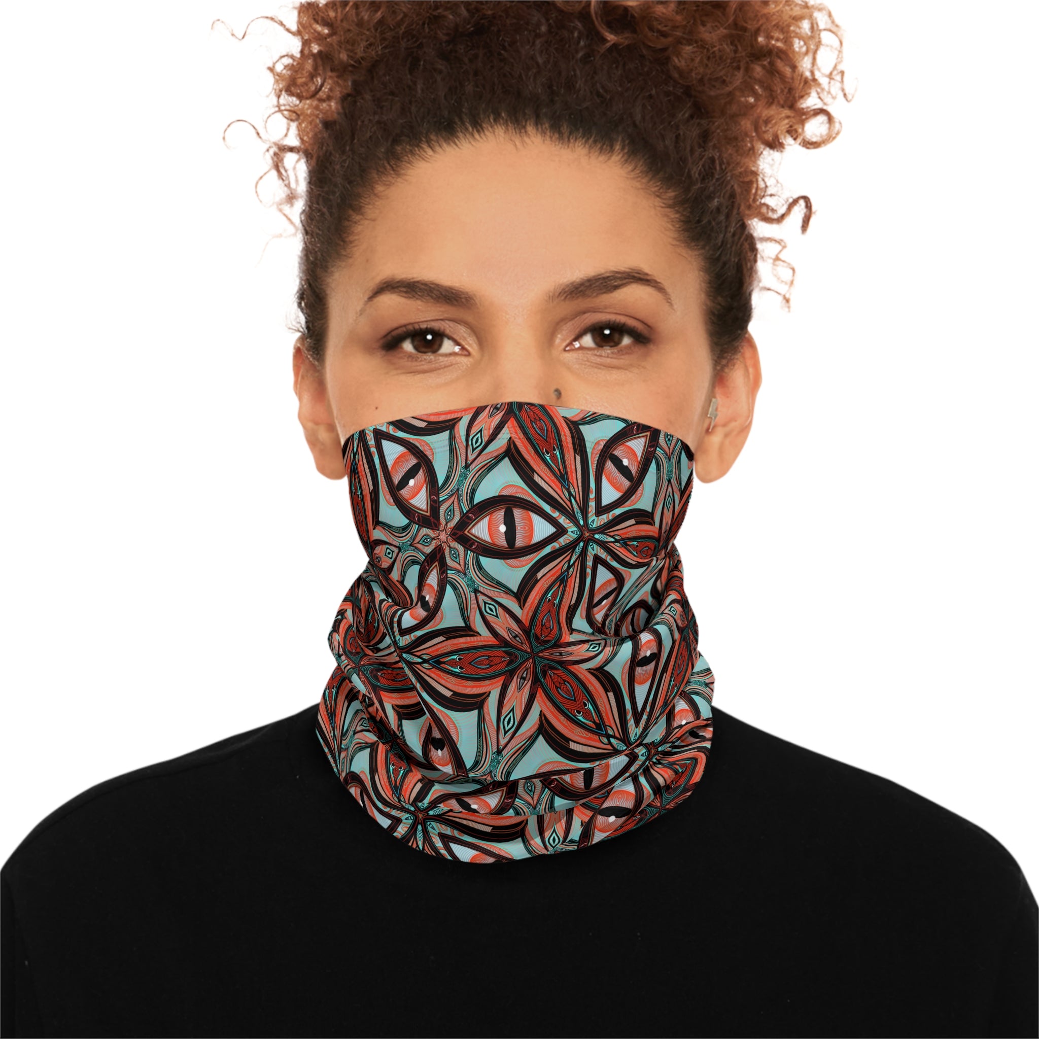 Patterned Winter Neck Gaiter — Red Teal Geometric Drawstring Face Mask