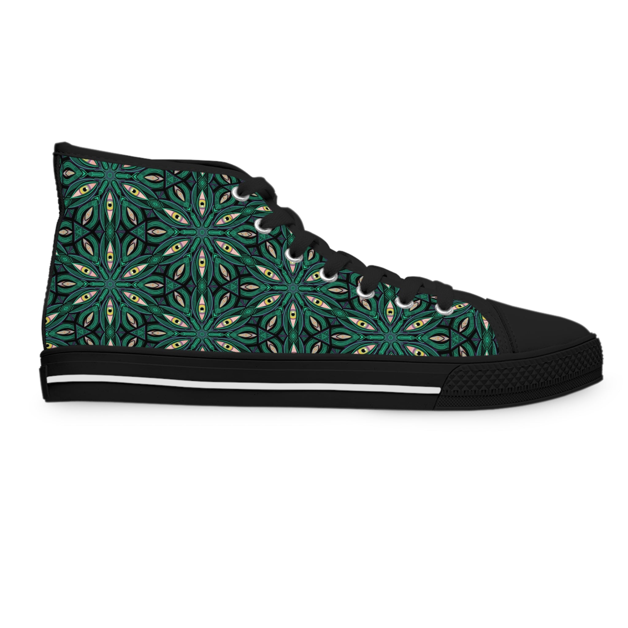 Green Floral Kaleidoscope High Top Sneakers — Women's Patterned Canvas Shoes #jfs8843