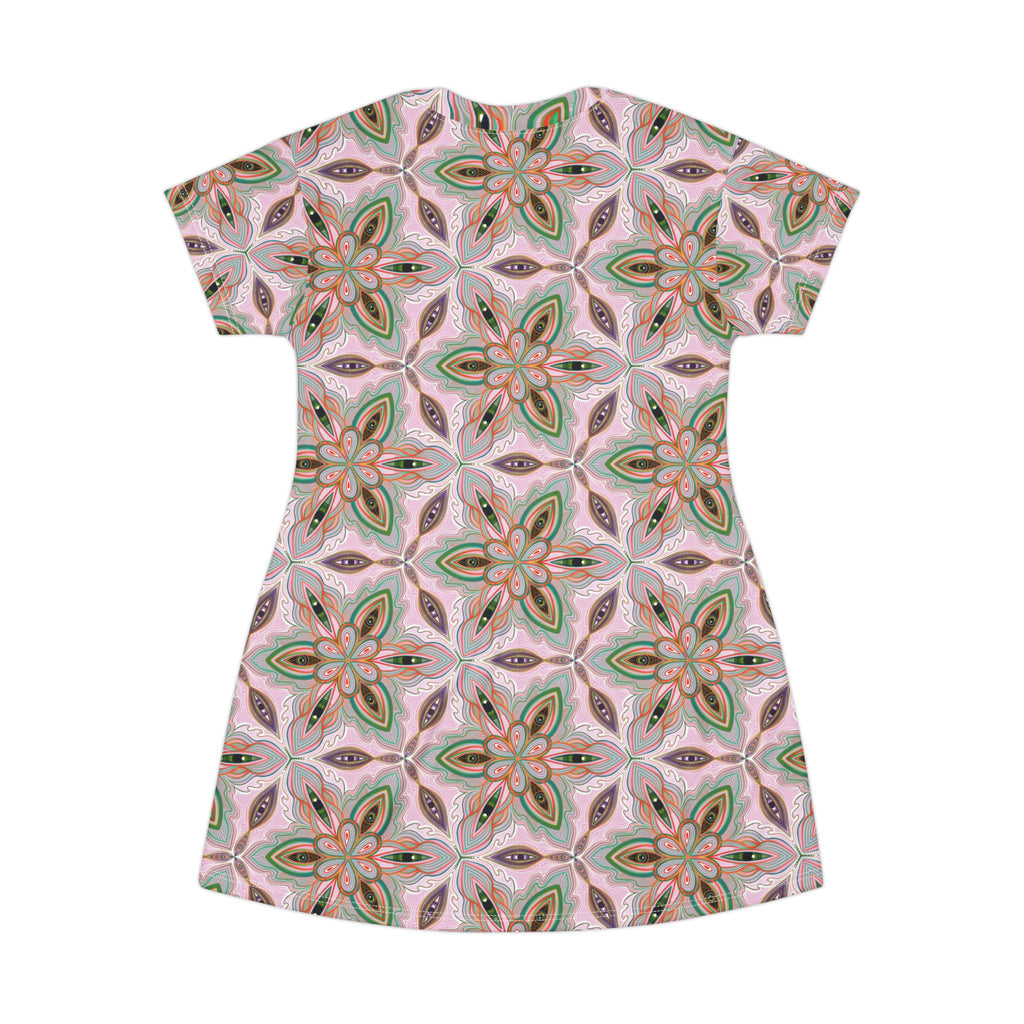 Floral Kaleidoscope T-Shirt Dress — Pink Boho All-Over Print #sd14564