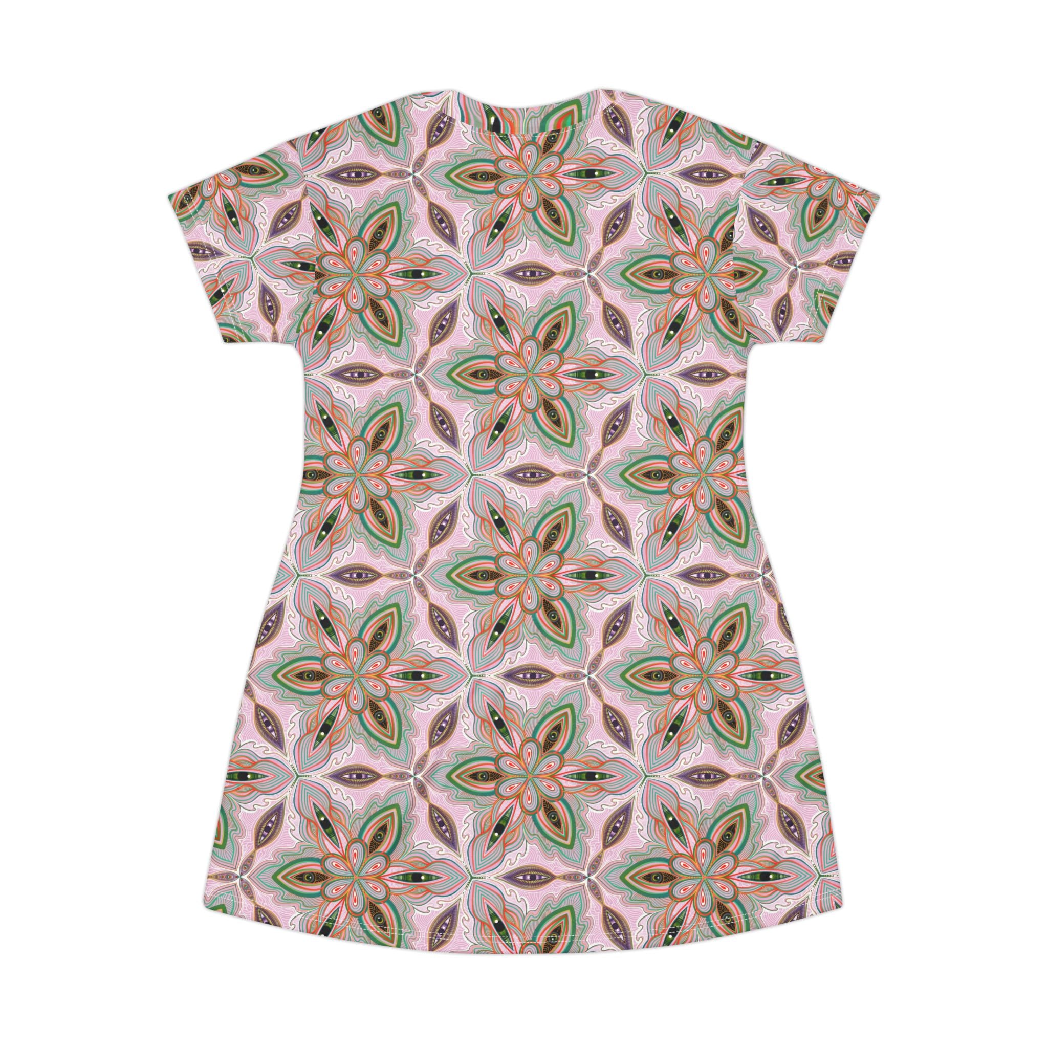 Floral Kaleidoscope T-Shirt Dress — Pink Boho All-Over Print #sd14564
