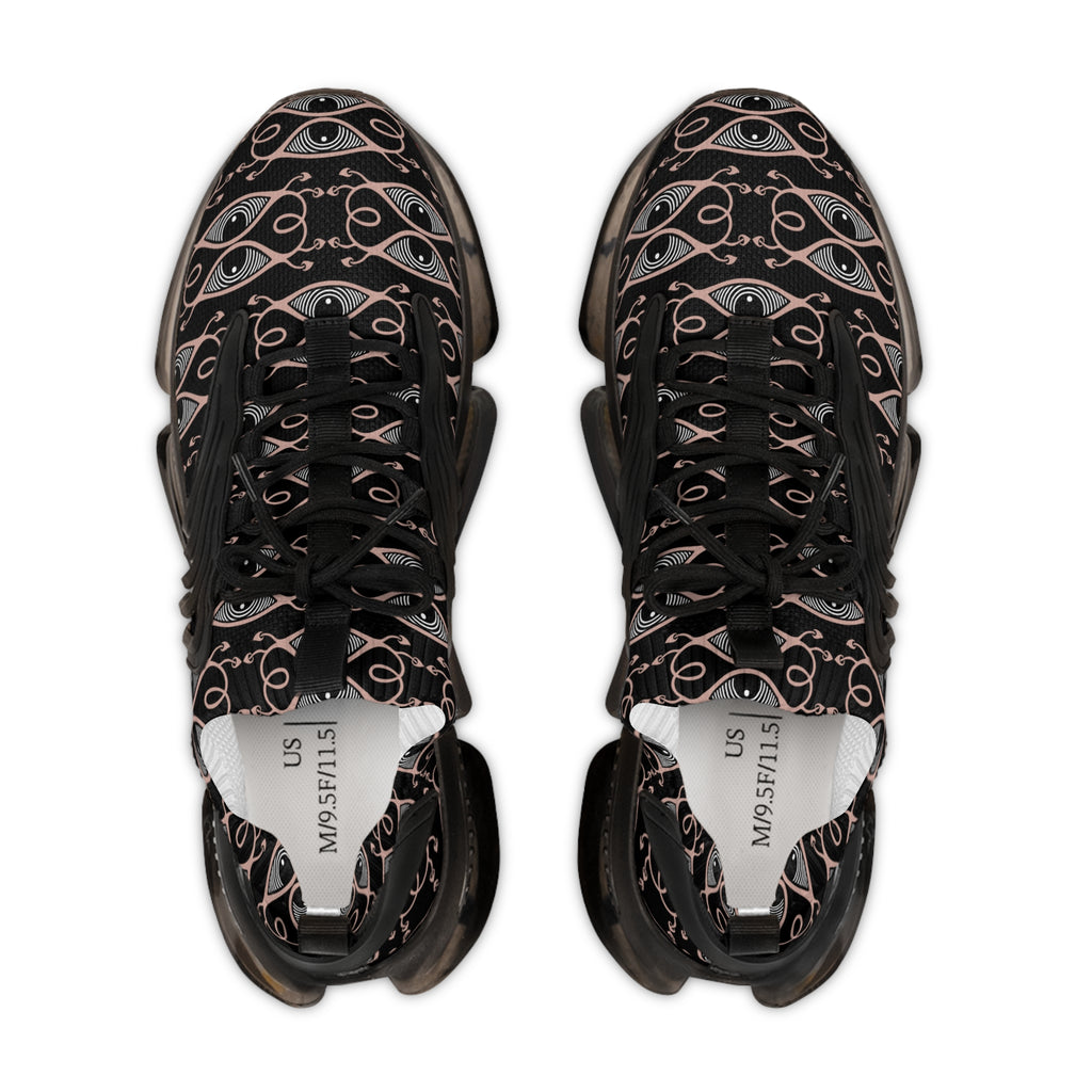 Men's Mesh Sneakers — Black Geometric Eye Pattern Athletic Shoes #h98657
