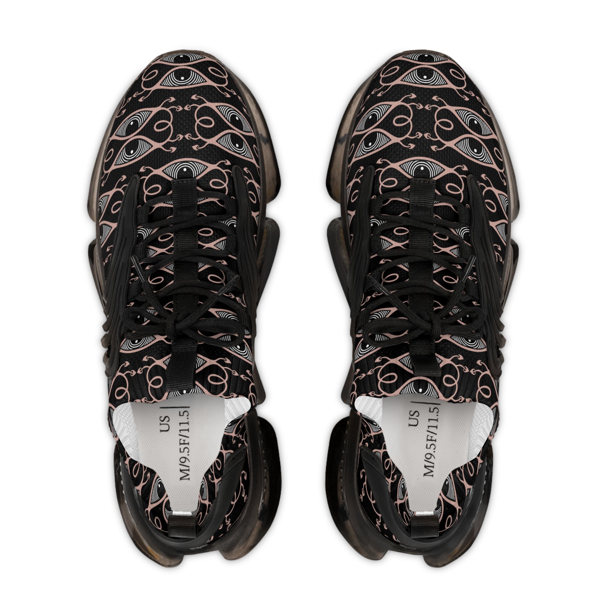 Men's Mesh Sneakers — Black Geometric Eye Pattern Athletic Shoes #h98657