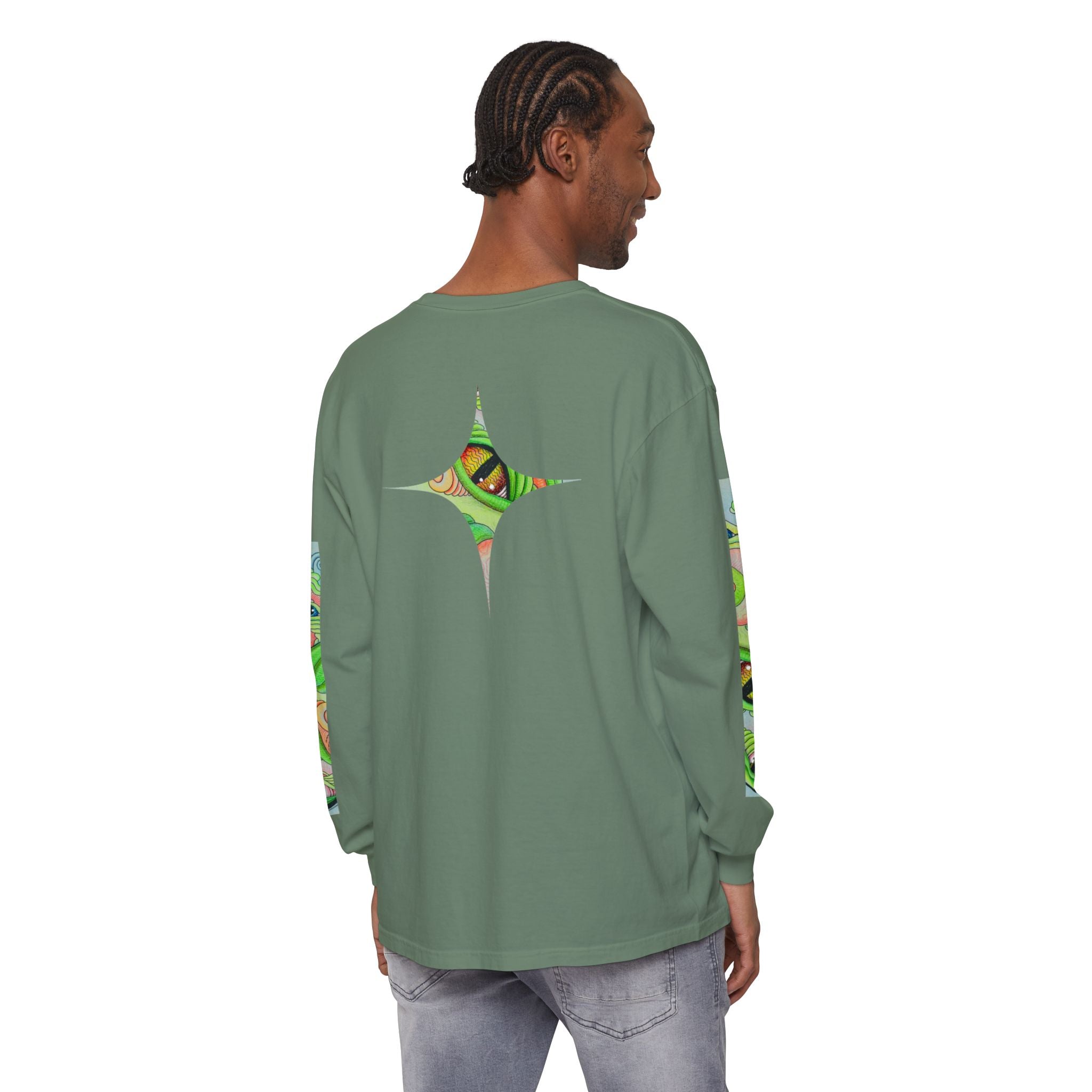 Psychedelic Green Triangle Long Sleeve Tee — Tribal Star Sleeve Artwork #gf086357