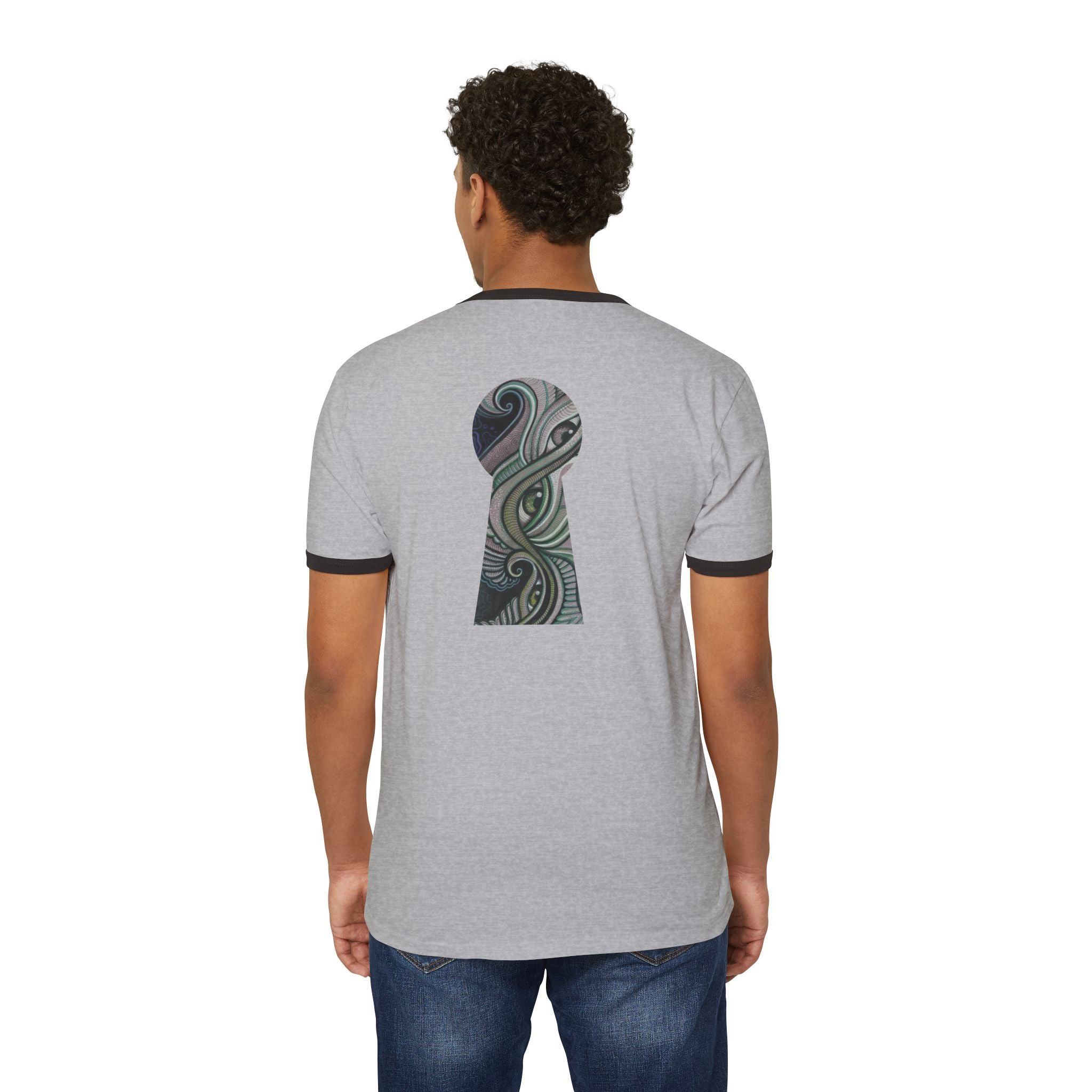 Ringer T-Shirt — Tribal Wave Triangle & Keyhole Graphic #hf74211