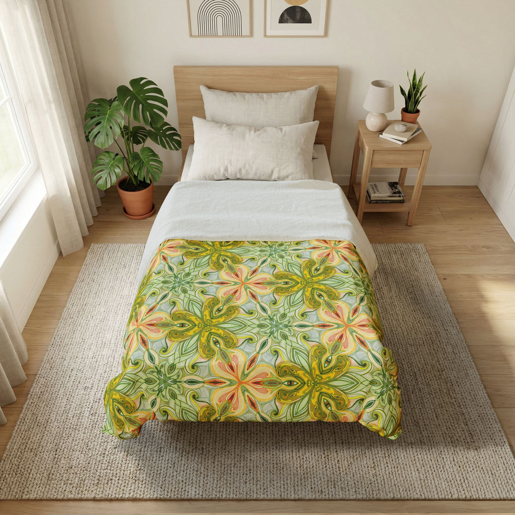 Botanical Kaleidoscope Cotton Duvet Cover — Green Floral Geometric Bedding #gf9866