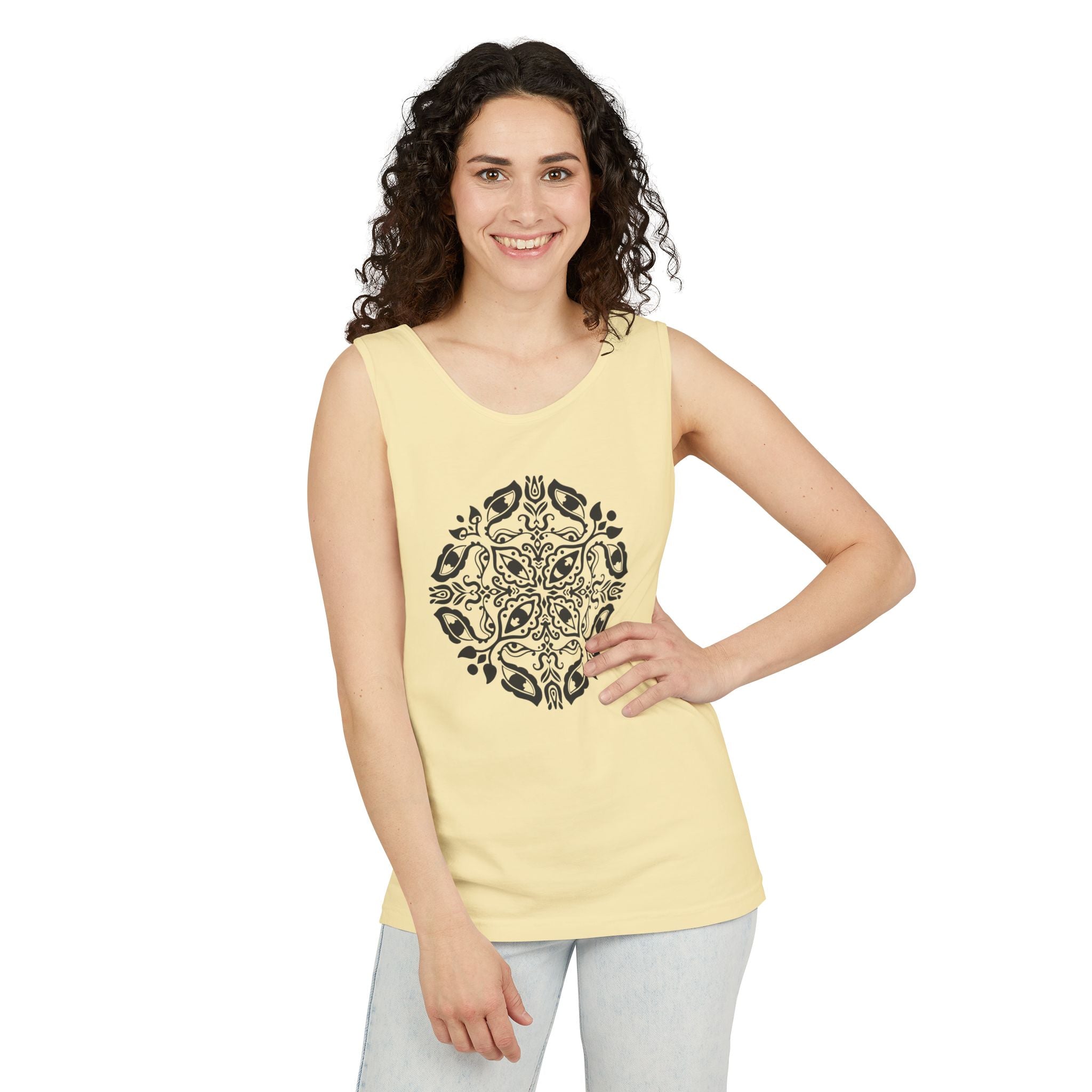 Boho Mandala Tank Top — Black Floral Circular Graphic Tank #fr3