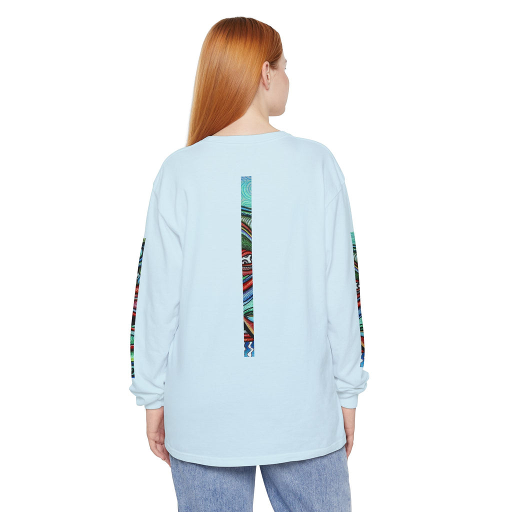 Psychedelic Starburst Long Sleeve Tee — Colorful Eye & Sleeve Stripe Design #k976344