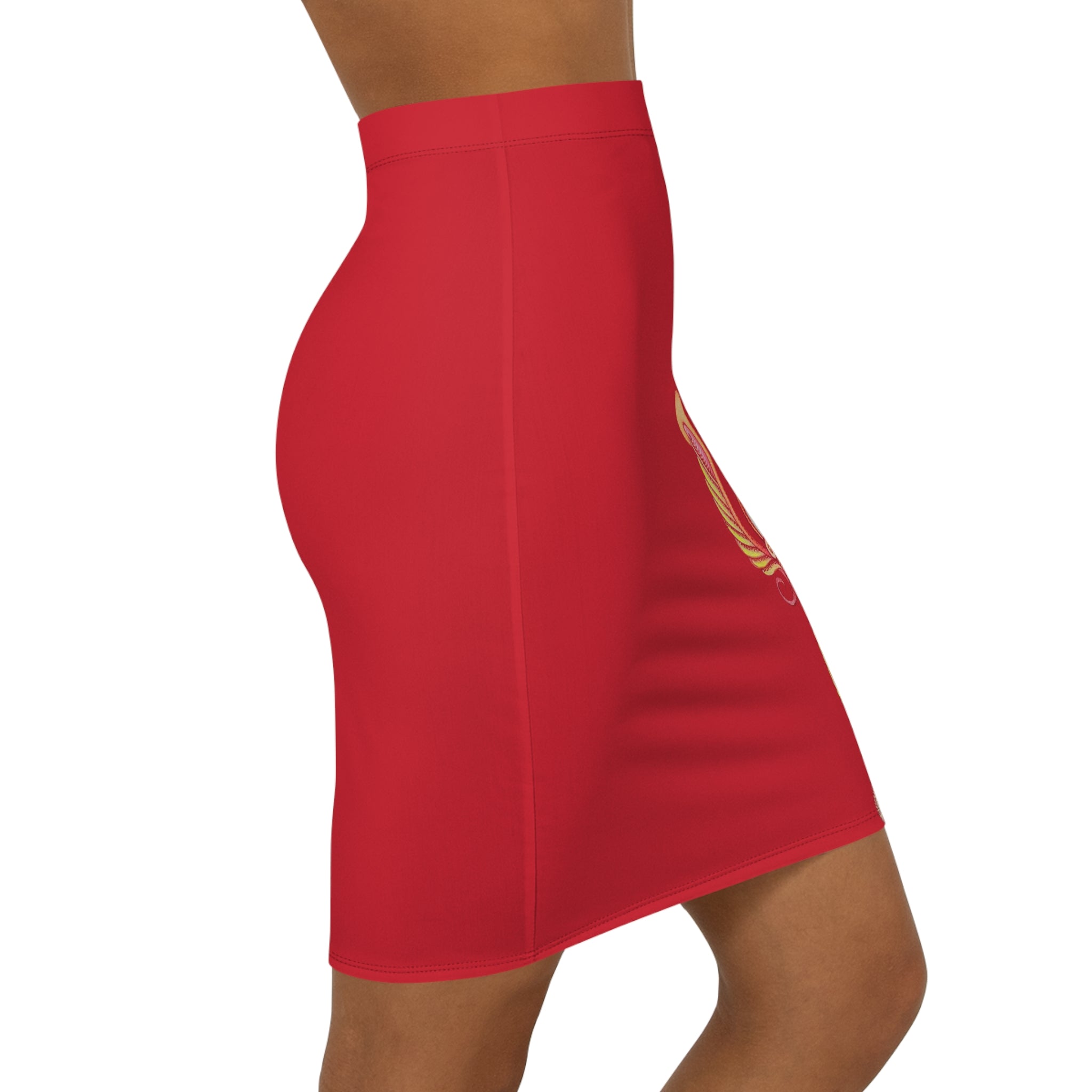 Red Peacock Feather Pencil Skirt — Elegant Mid-Waist Bodycon #u7739
