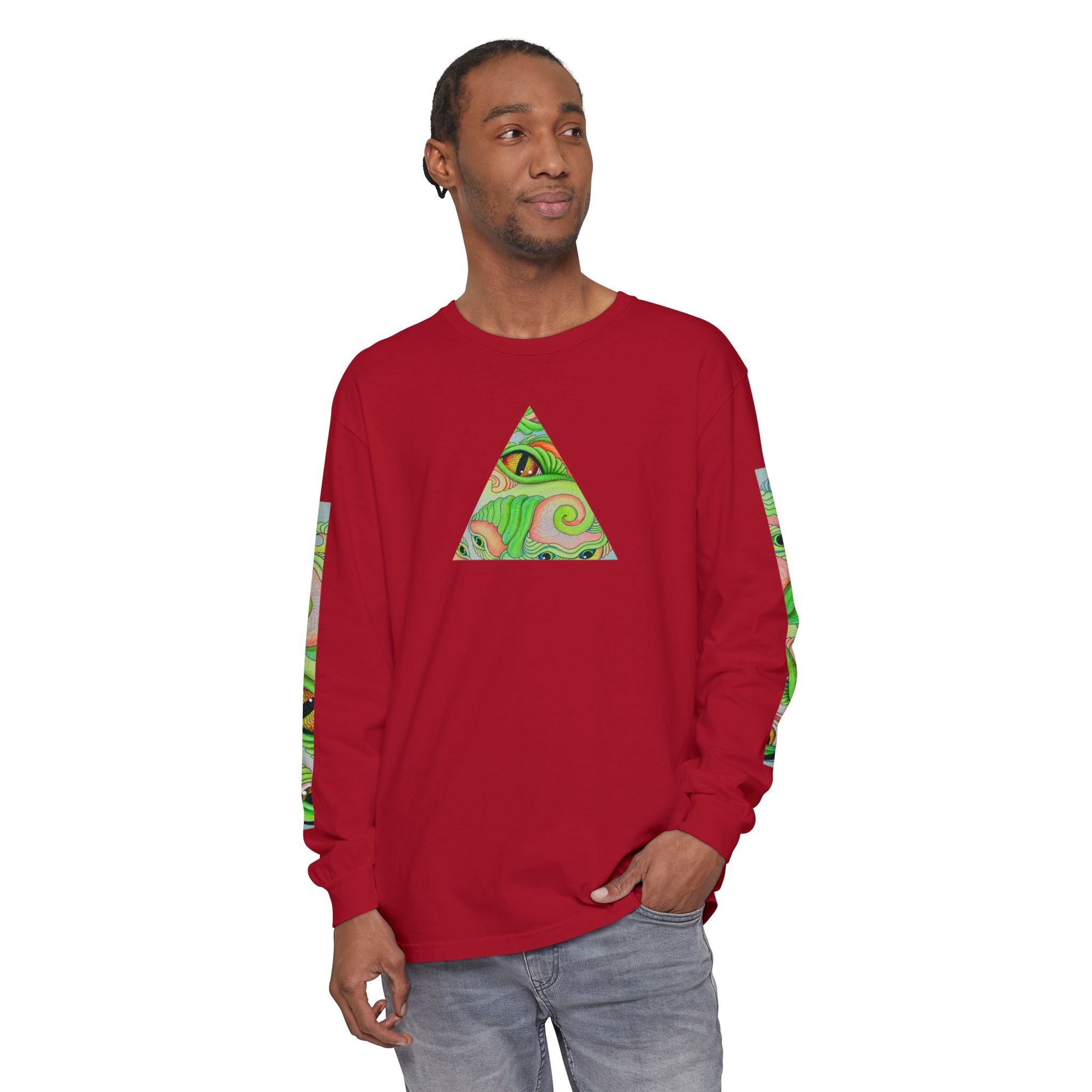 Psychedelic Green Triangle Long Sleeve Tee — Tribal Star Sleeve Artwork #gf086357