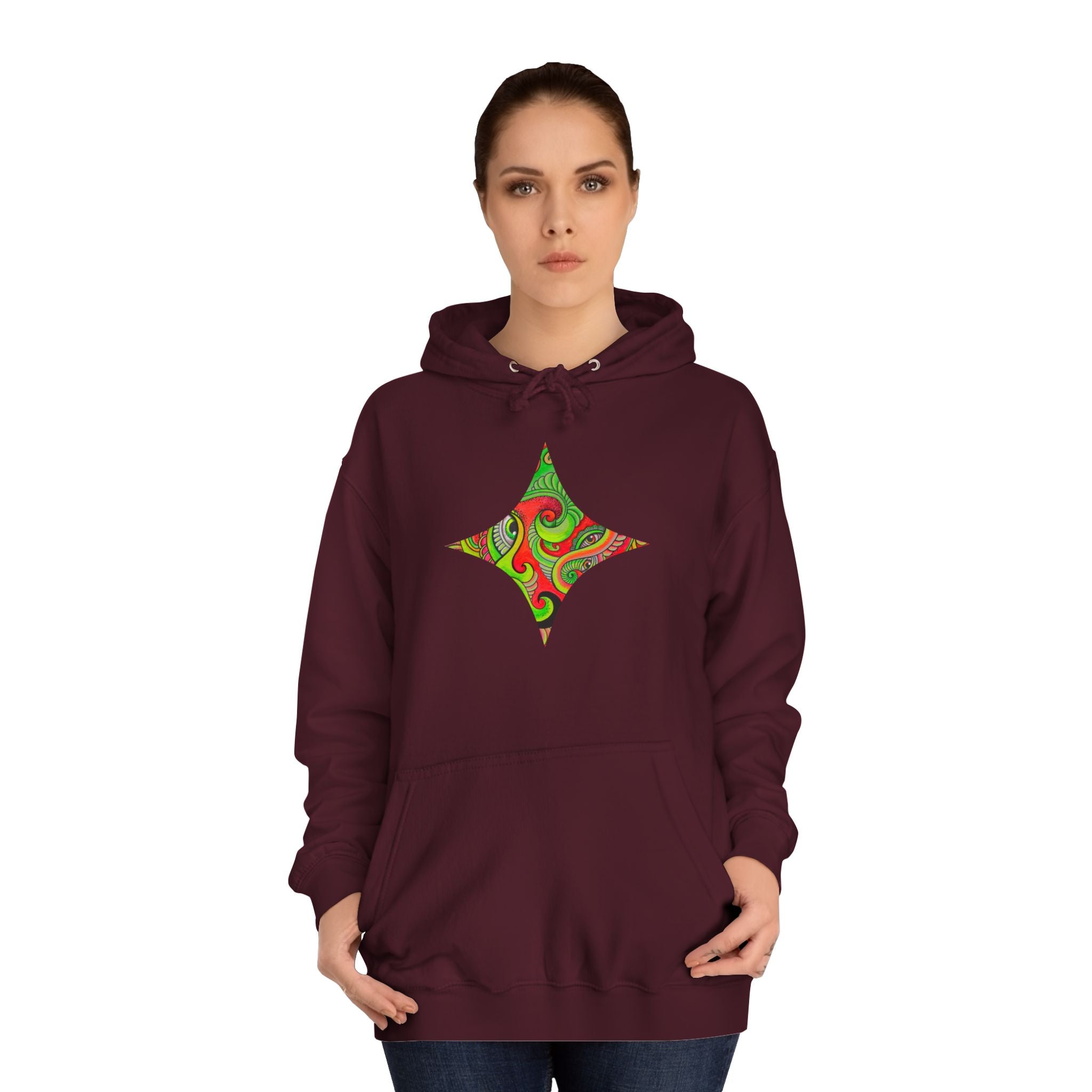 Psychedelic Swirl Hoodie — Retro Green & Red Abstract Graphic #f987456