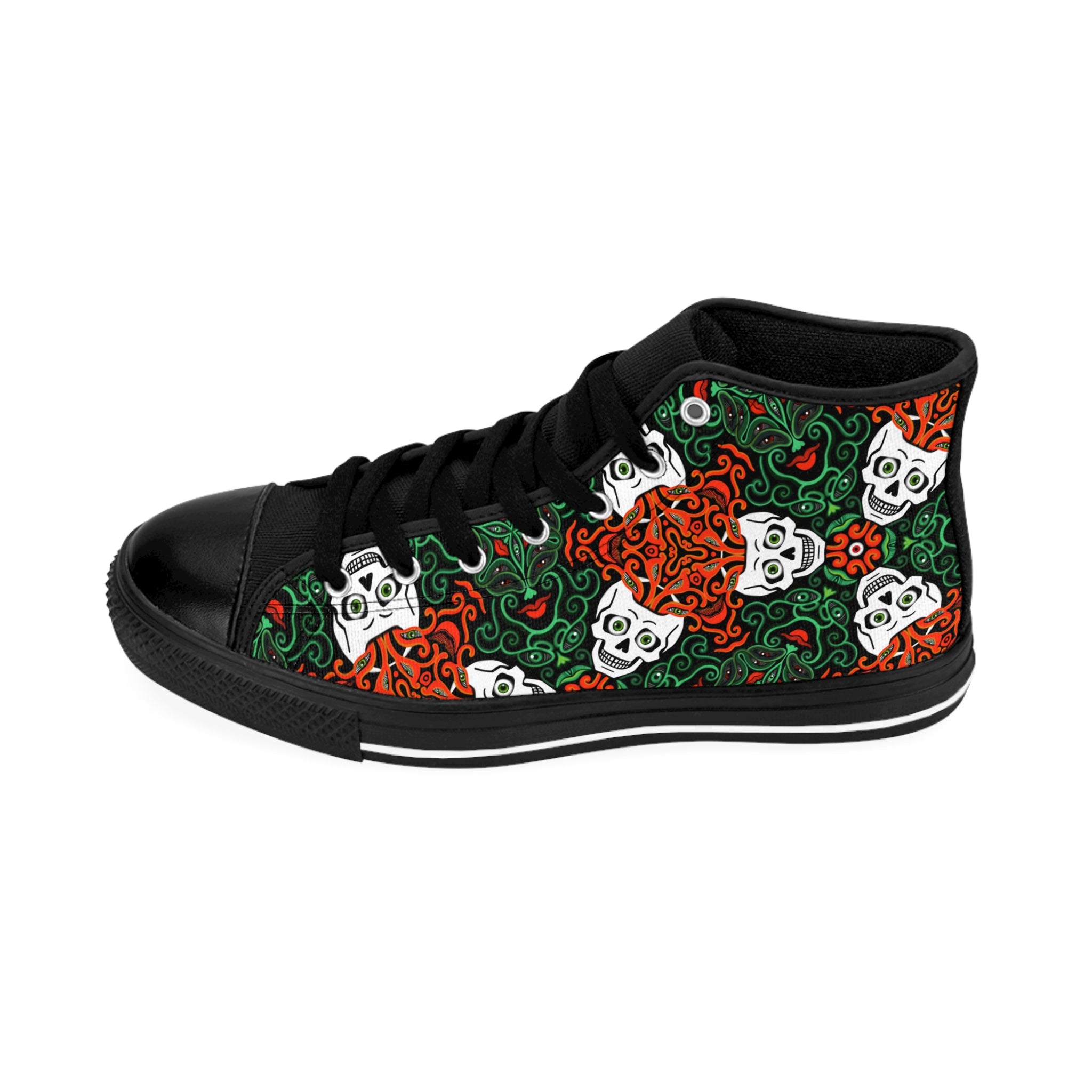 High-Top Sneakers — Floral Skull Pattern in Green & Red #dft35764