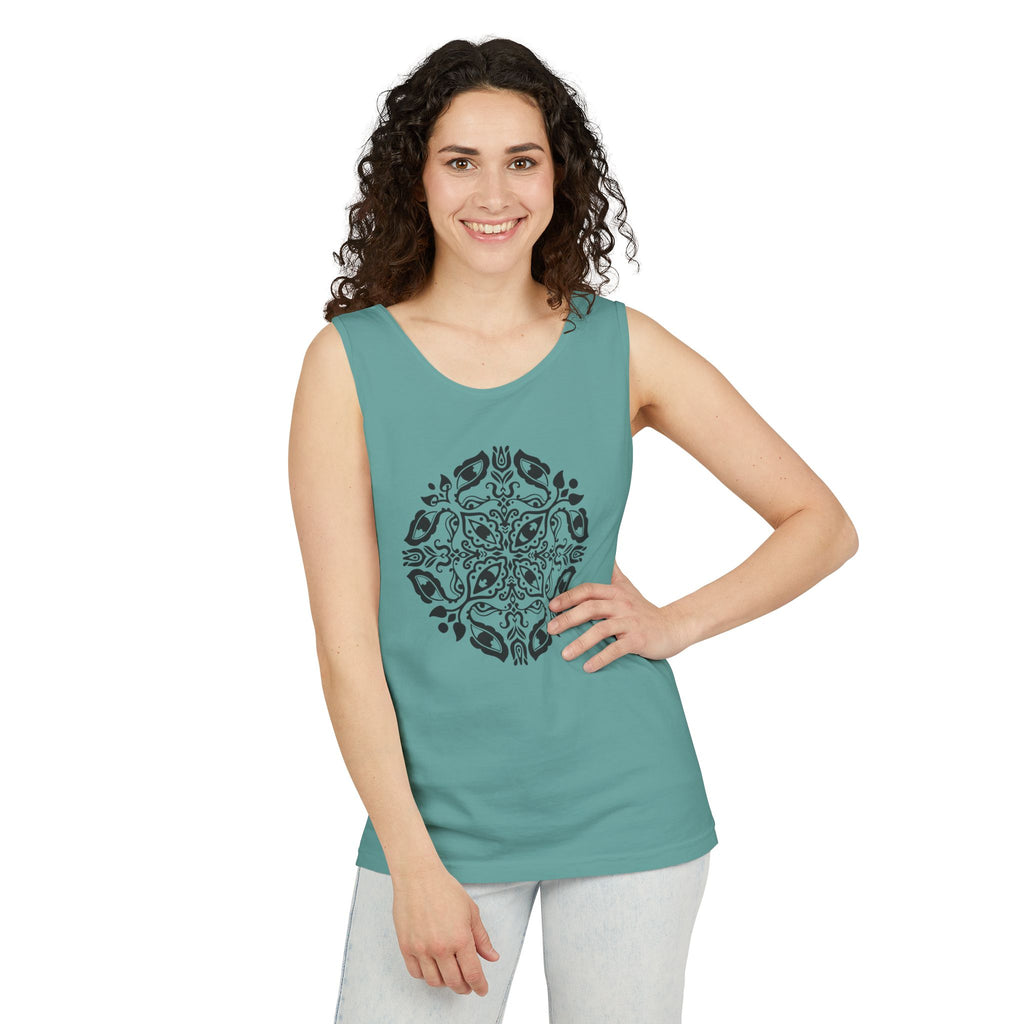 Boho Mandala Tank Top — Black Floral Circular Graphic Tank #fr3