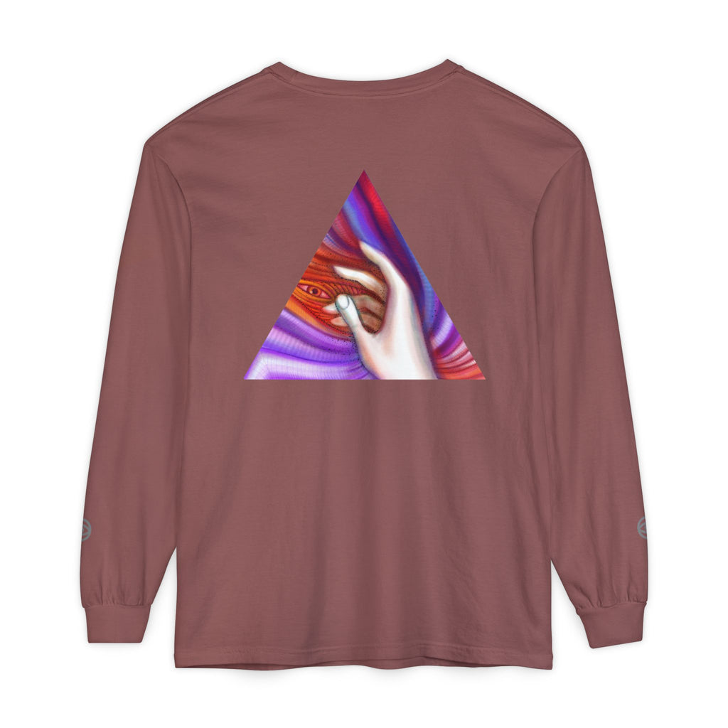 Long Sleeve T-Shirt — Triangular Hand Art Graphic (White) #sh26774