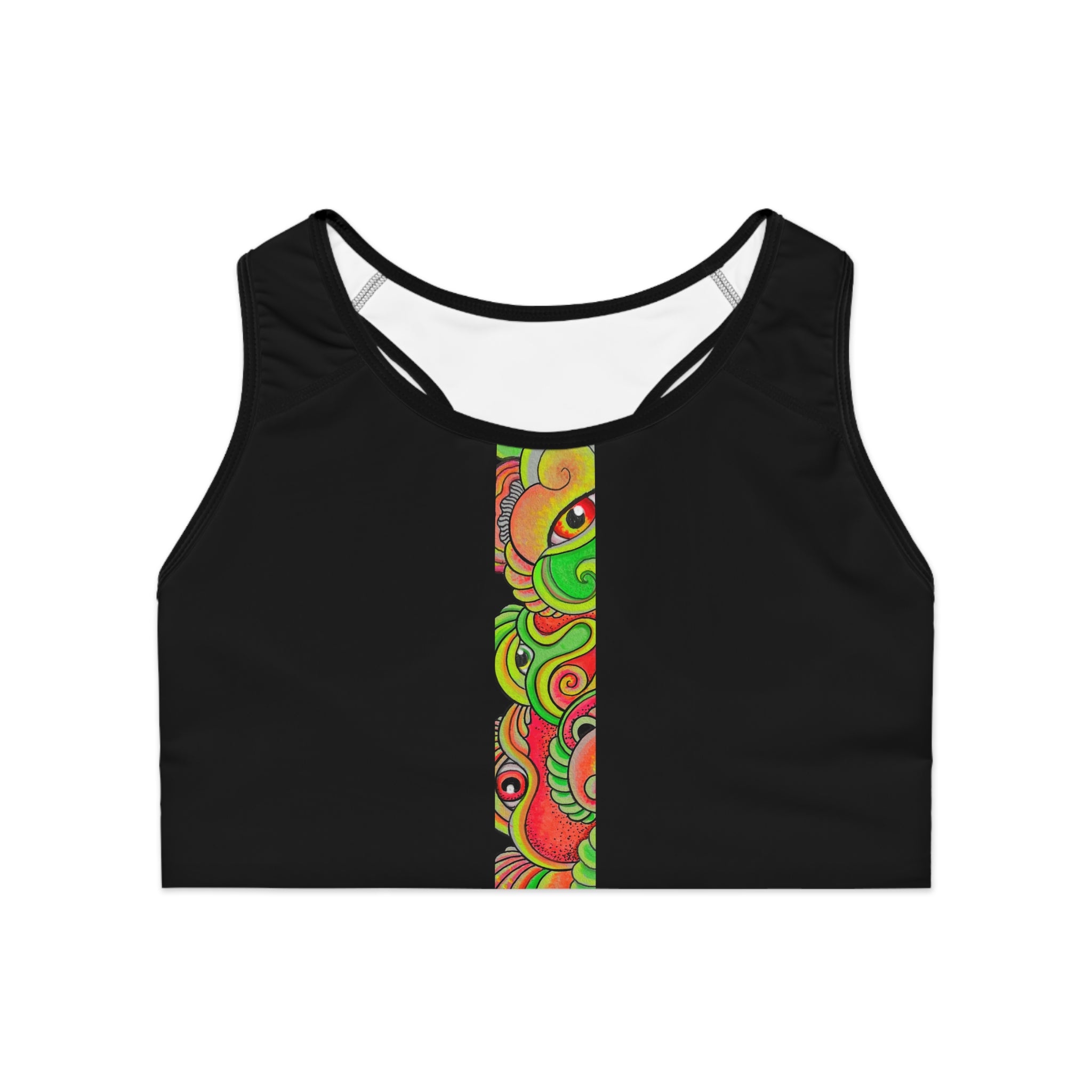 Black Sports Bra with Colorful Psychedelic Vertical Stripe — Vibrant Abstract Eye Design #f234488