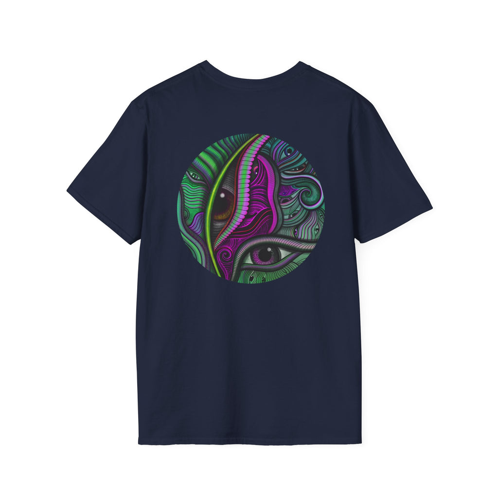 Psychedelic Eye Graphic T-Shirt — Abstract Purple & Green Starburst Circle Design. #ts6
